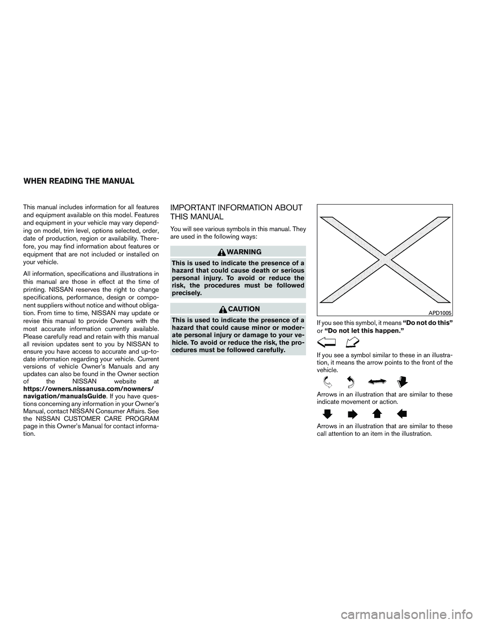 NISSAN MICRA 2015 Owner´s Manual This manual includes information for all features
and equipment available on this model. Features
and equipment in your vehicle may vary depend-
ing on model, trim level, options selected, order,
date NISSAN MICRA 2015 Owner´s Manual This manual includes information for all features
and equipment available on this model. Features
and equipment in your vehicle may vary depend-
ing on model, trim level, options selected, order,
date