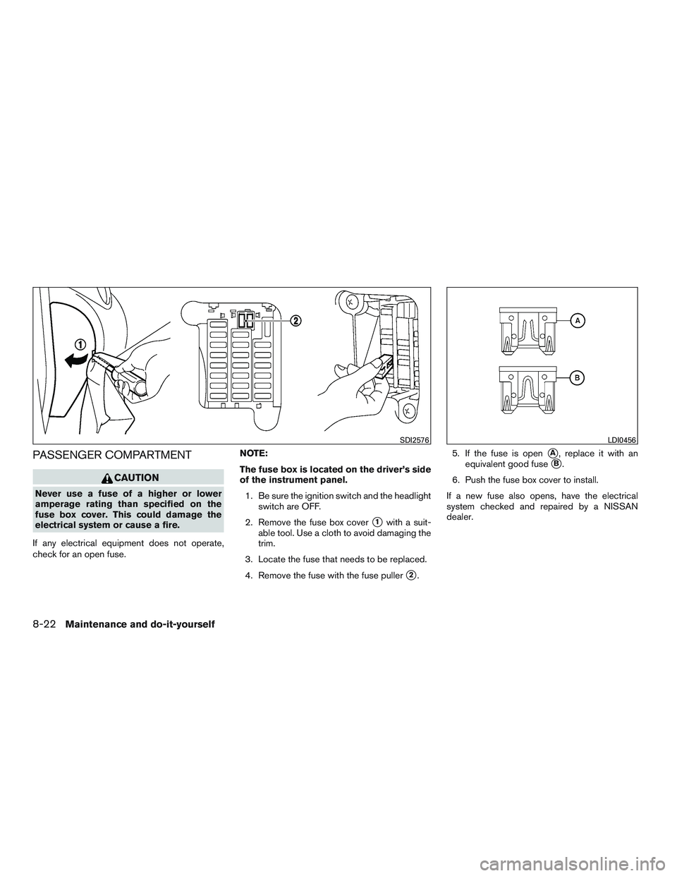 NISSAN MICRA 2015  Owner´s Manual PASSENGER COMPARTMENT
CAUTION
Never use a fuse of a higher or lower
amperage rating than specified on the
fuse box cover. This could damage the
electrical system or cause a fire.
If any electrical equ