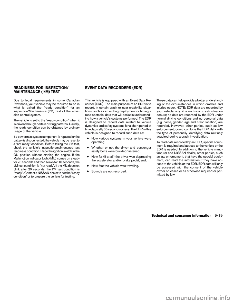 NISSAN MICRA 2015 Owner´s Manual Due to legal requirements in some Canadian
Provinces, your vehicle may be required to be in
what is called the “ready condition” for an
Inspection/Maintenance (I/M) test of the emis-
sion control NISSAN MICRA 2015 Owner´s Manual Due to legal requirements in some Canadian
Provinces, your vehicle may be required to be in
what is called the “ready condition” for an
Inspection/Maintenance (I/M) test of the emis-
sion control