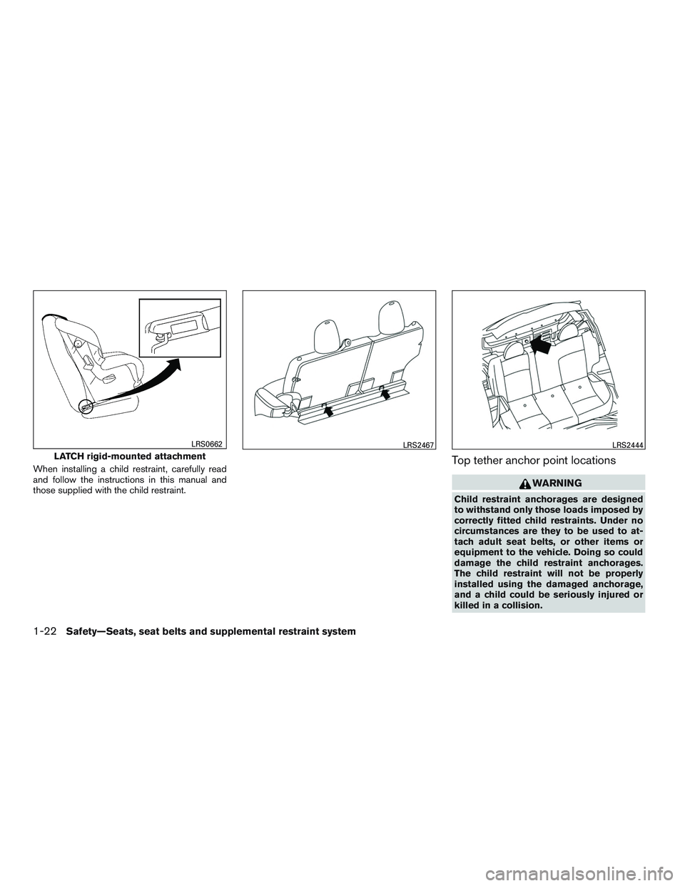 NISSAN MICRA 2015  Owner´s Manual When installing a child restraint, carefully read
and follow the instructions in this manual and
those supplied with the child restraint.Top tether anchor point locations
WARNING
Child restraint ancho