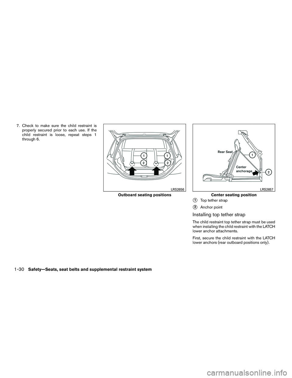 NISSAN MICRA 2015  Owner´s Manual 7. Check to make sure the child restraint isproperly secured prior to each use. If the
child restraint is loose, repeat steps 1
through 6.
1Top tether strap
2Anchor point
Installing top tether strap
