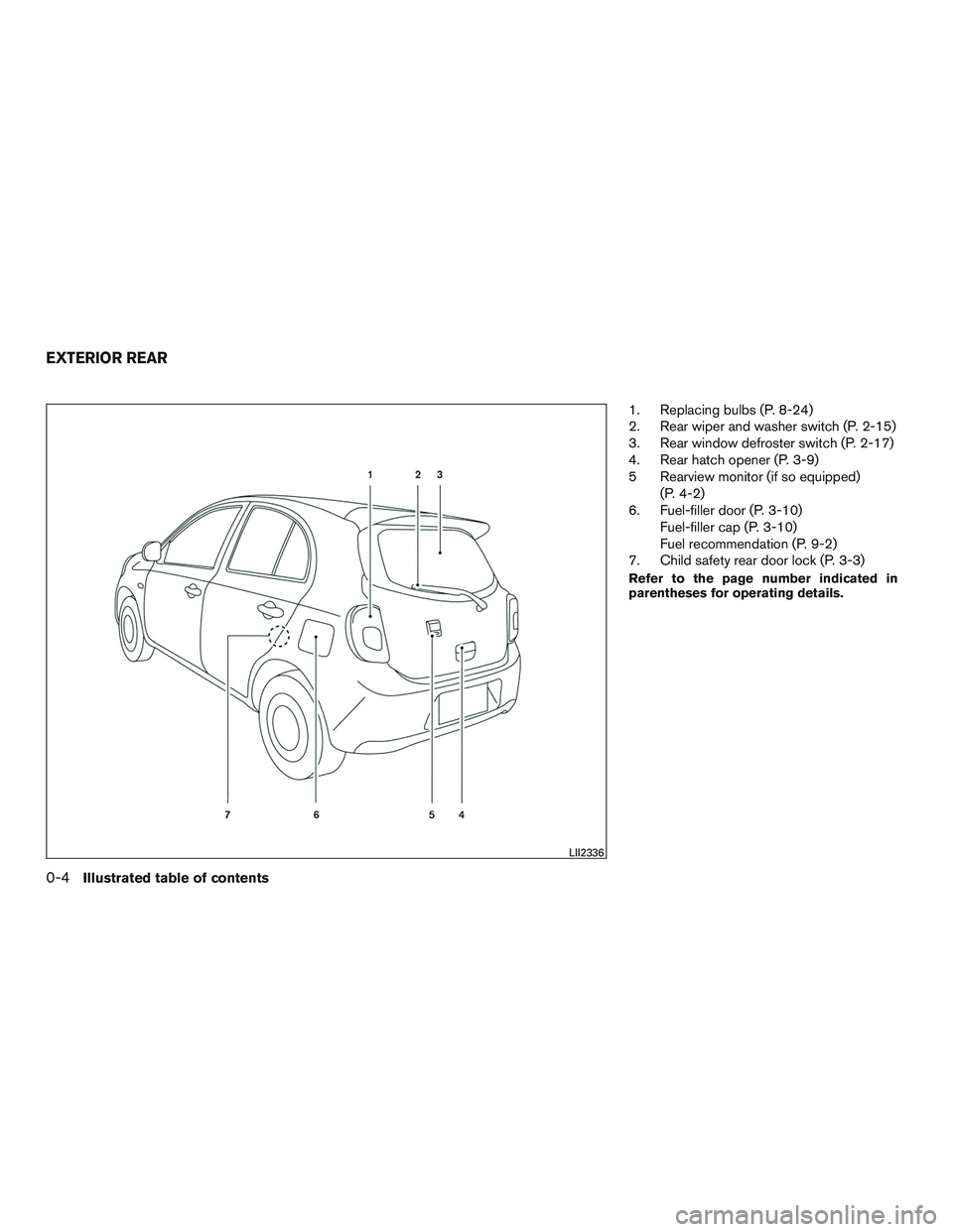 NISSAN MICRA 2016  Owner´s Manual 1. Replacing bulbs (P. 8-24)
2. Rear wiper and washer switch (P. 2-15)
3. Rear window defroster switch (P. 2-17)
4. Rear hatch opener (P. 3-9)
5 Rearview monitor (if so equipped)(P. 4-2)
6. Fuel-fille