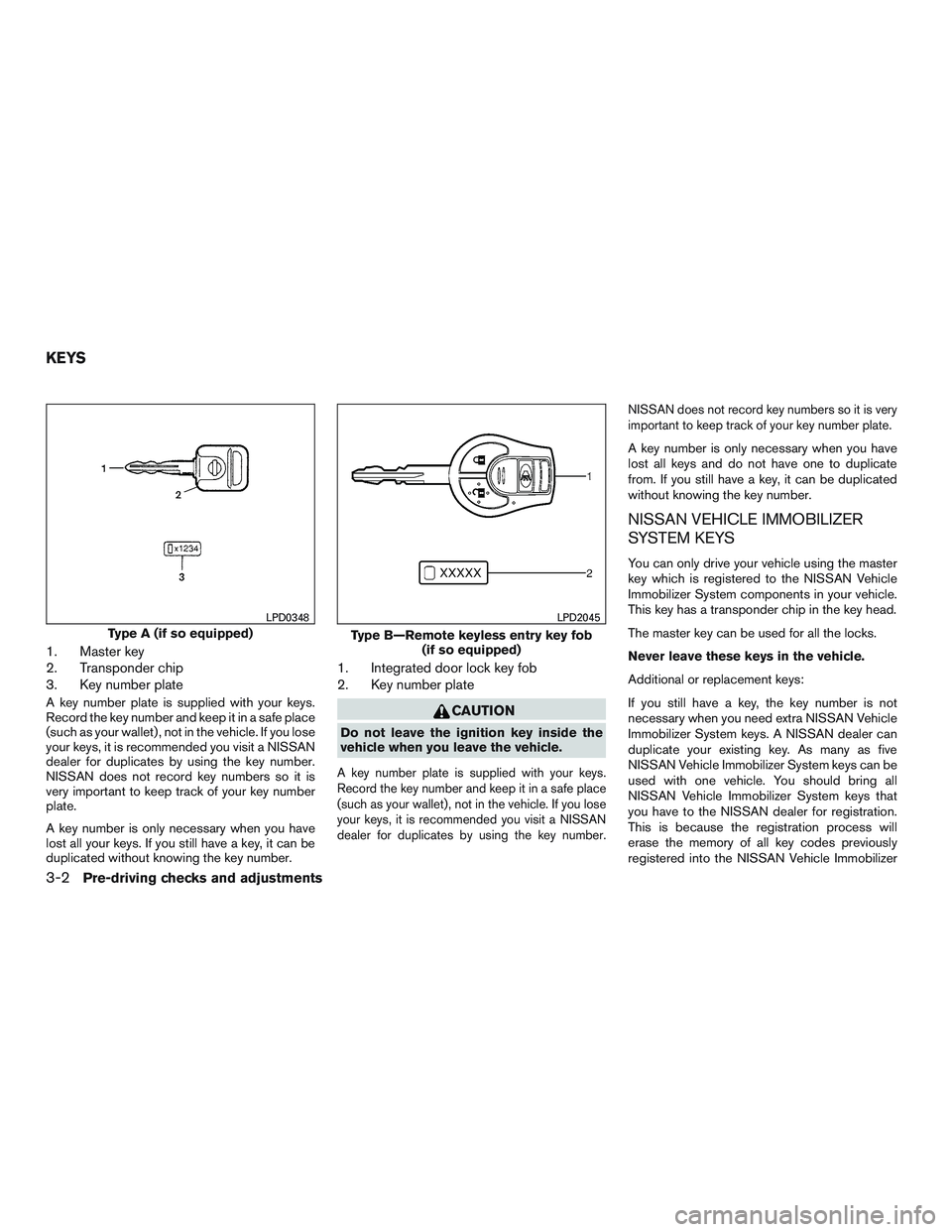 NISSAN MICRA 2016  Owner´s Manual 1. Master key
2. Transponder chip
3. Key number plate
A key number plate is supplied with your keys.
Record the key number and keep it in a safe place
(such as your wallet) , not in the vehicle. If yo