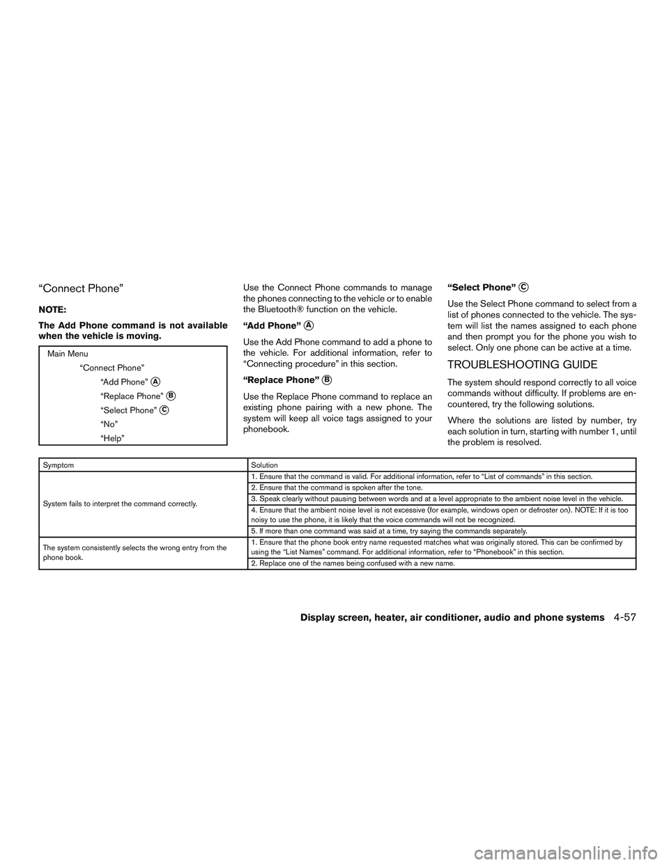NISSAN MICRA 2016  Owner´s Manual “Connect Phone”
NOTE:
The Add Phone command is not available
when the vehicle is moving.
Main Menu“Connect Phone”“Add Phone”
A
“Replace Phone”B
“Select Phone”C
“No”
“Help