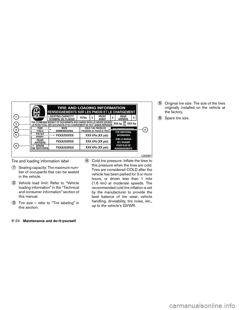 NISSAN MICRA 2016  Owner´s Manual Tire and loading information label
1Seating capacity: The maximum num-
ber of occupants that can be seated
in the vehicle.
2Vehicle load limit: Refer to “Vehicle
loading information” in the “T