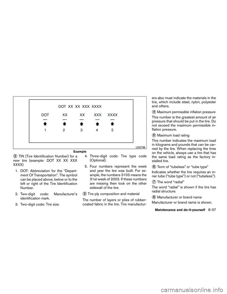 NISSAN MICRA 2016  Owner´s Manual 2TIN (Tire Identification Number) for a
new tire (example: DOT XX XX XXX
XXXX)
1. DOT: Abbreviation for the “Depart- ment Of Transportation”. The symbol
can be placed above, below or to the
left 