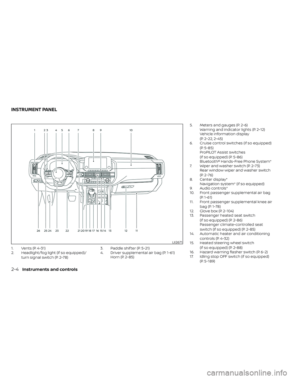 NISSAN PATHFINDER 2022 Owner´s Manual 1. Vents (P. 4-31)
2. Headlight/fog light (if so equipped)/turn signal switch (P. 2-78) 3. Paddle shif ter (P. 5-21)
4. Driver supplemental air bag (P. 1-61)
Horn (P. 2-85) 5. Meters and gauges (P. 2- NISSAN PATHFINDER 2022 Owner´s Manual 1. Vents (P. 4-31)
2. Headlight/fog light (if so equipped)/turn signal switch (P. 2-78) 3. Paddle shif ter (P. 5-21)
4. Driver supplemental air bag (P. 1-61)
Horn (P. 2-85) 5. Meters and gauges (P. 2-