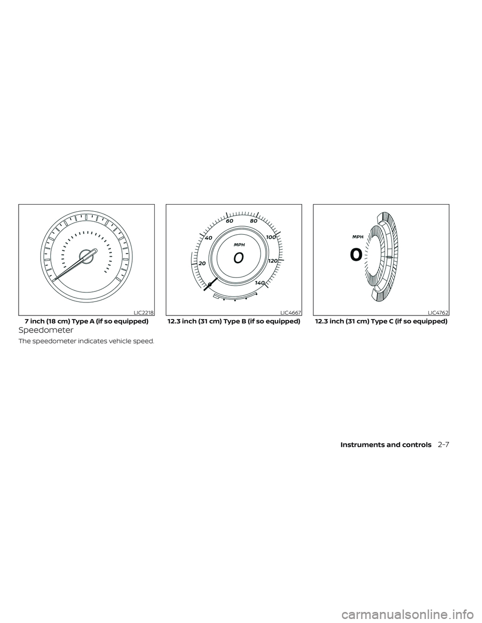 NISSAN PATHFINDER 2022 Owner´s Manual Speedometer
The speedometer indicates vehicle speed.
LIC2218
7 inch (18 cm) Type A (if so equipped)
LIC4667
12.3 inch (31 cm) Type B (if so equipped)
LIC4762
12.3 inch (31 cm) Type C (if so equipped)
NISSAN PATHFINDER 2022 Owner´s Manual Speedometer
The speedometer indicates vehicle speed.
LIC2218
7 inch (18 cm) Type A (if so equipped)
LIC4667
12.3 inch (31 cm) Type B (if so equipped)
LIC4762
12.3 inch (31 cm) Type C (if so equipped)
