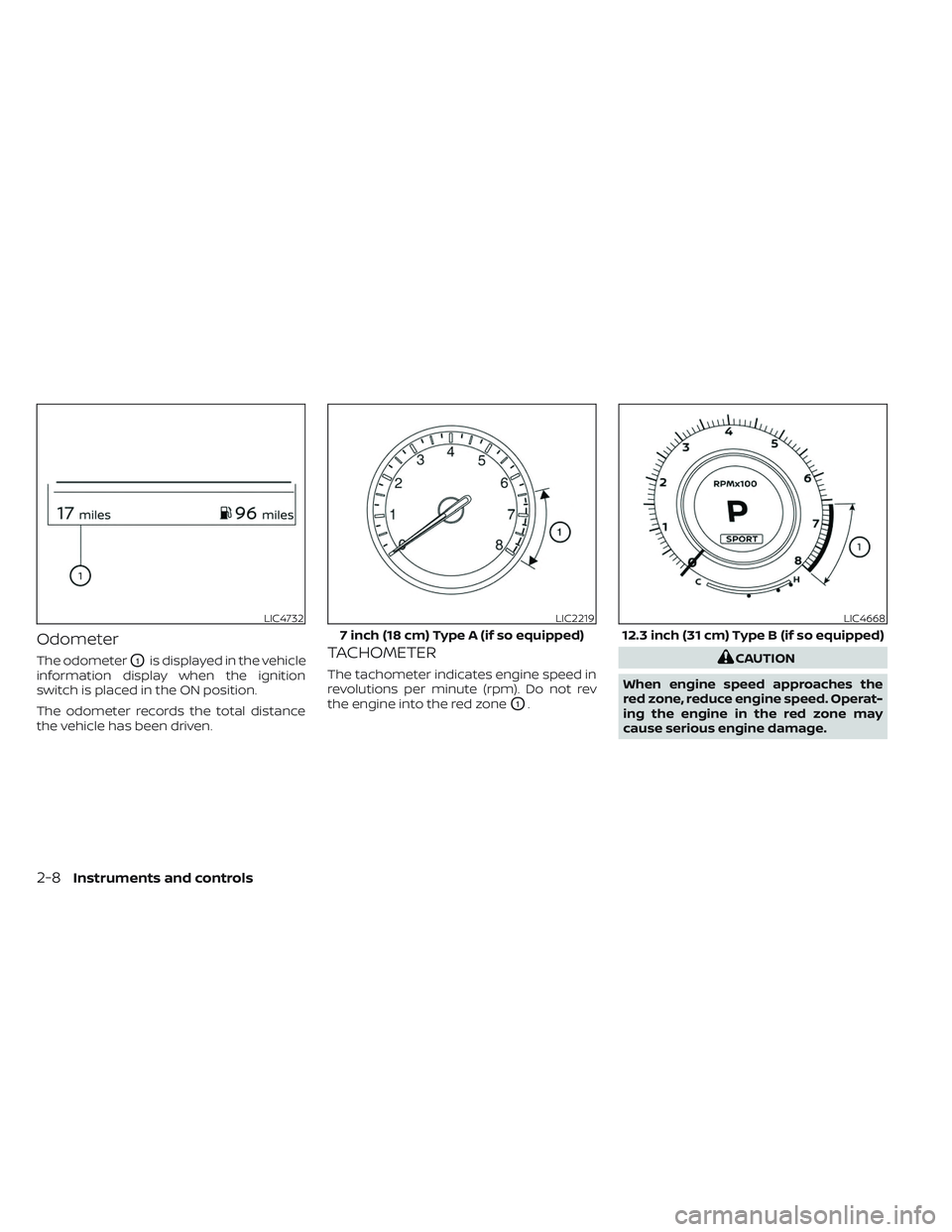 NISSAN PATHFINDER 2022  Owner´s Manual Odometer
The odometerO1is displayed in the vehicle
information display when the ignition
switch is placed in the ON position.
The odometer records the total distance
the vehicle has been driven.TACHOM