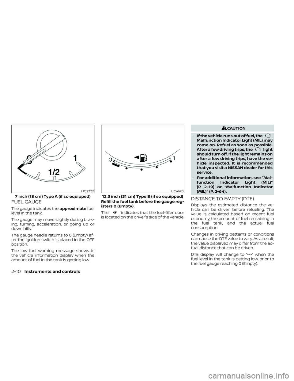 NISSAN PATHFINDER 2022 Owner´s Manual FUEL GAUGE
The gauge indicates theapproximatefuel
level in the tank.
The gauge may move slightly during brak-
ing, turning, acceleration, or going up or
down hills.
The gauge needle returns to 0 (Empt NISSAN PATHFINDER 2022 Owner´s Manual FUEL GAUGE
The gauge indicates theapproximatefuel
level in the tank.
The gauge may move slightly during brak-
ing, turning, acceleration, or going up or
down hills.
The gauge needle returns to 0 (Empt