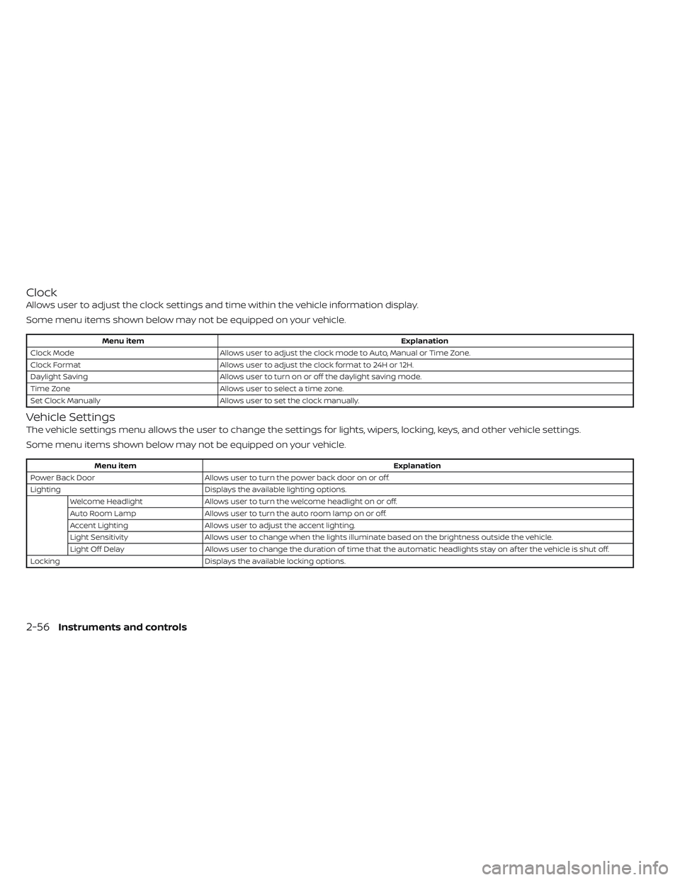 NISSAN PATHFINDER 2022  Owner´s Manual Clock
Allows user to adjust the clock settings and time within the vehicle information display.
Some menu items shown below may not be equipped on your vehicle.
Menu itemExplanation
Clock Mode Allows 