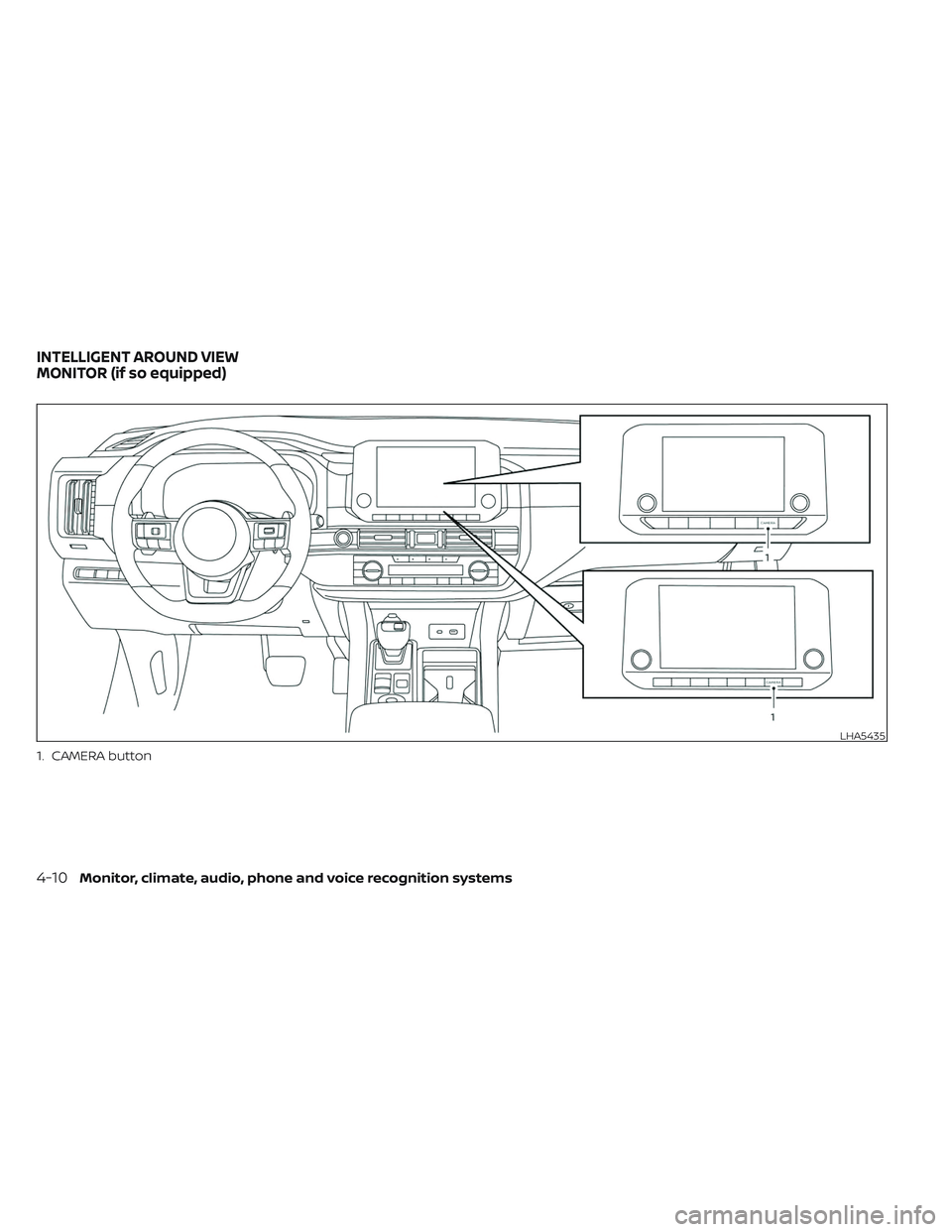 NISSAN PATHFINDER 2022 Owner´s Manual 1. CAMERA button
LHA5435
INTELLIGENT AROUND VIEW
MONITOR (if so equipped)
4-10Monitor, climate, audio, phone and voice recognition systems NISSAN PATHFINDER 2022 Owner´s Manual 1. CAMERA button
LHA5435
INTELLIGENT AROUND VIEW
MONITOR (if so equipped)
4-10Monitor, climate, audio, phone and voice recognition systems