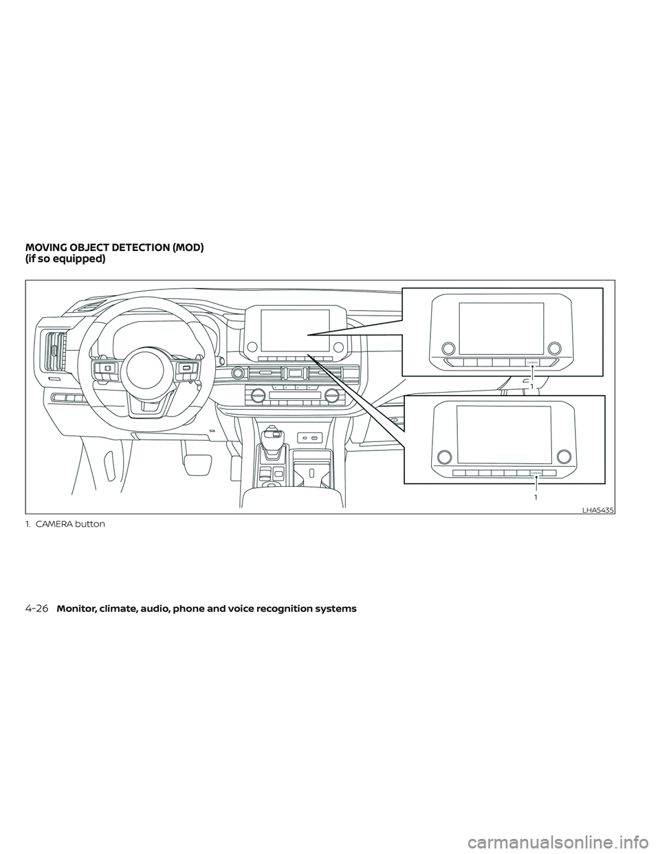 NISSAN PATHFINDER 2022 Owner´s Manual 1. CAMERA button
LHA5435
MOVING OBJECT DETECTION (MOD)
(if so equipped)
4-26Monitor, climate, audio, phone and voice recognition systems NISSAN PATHFINDER 2022 Owner´s Manual 1. CAMERA button
LHA5435
MOVING OBJECT DETECTION (MOD)
(if so equipped)
4-26Monitor, climate, audio, phone and voice recognition systems