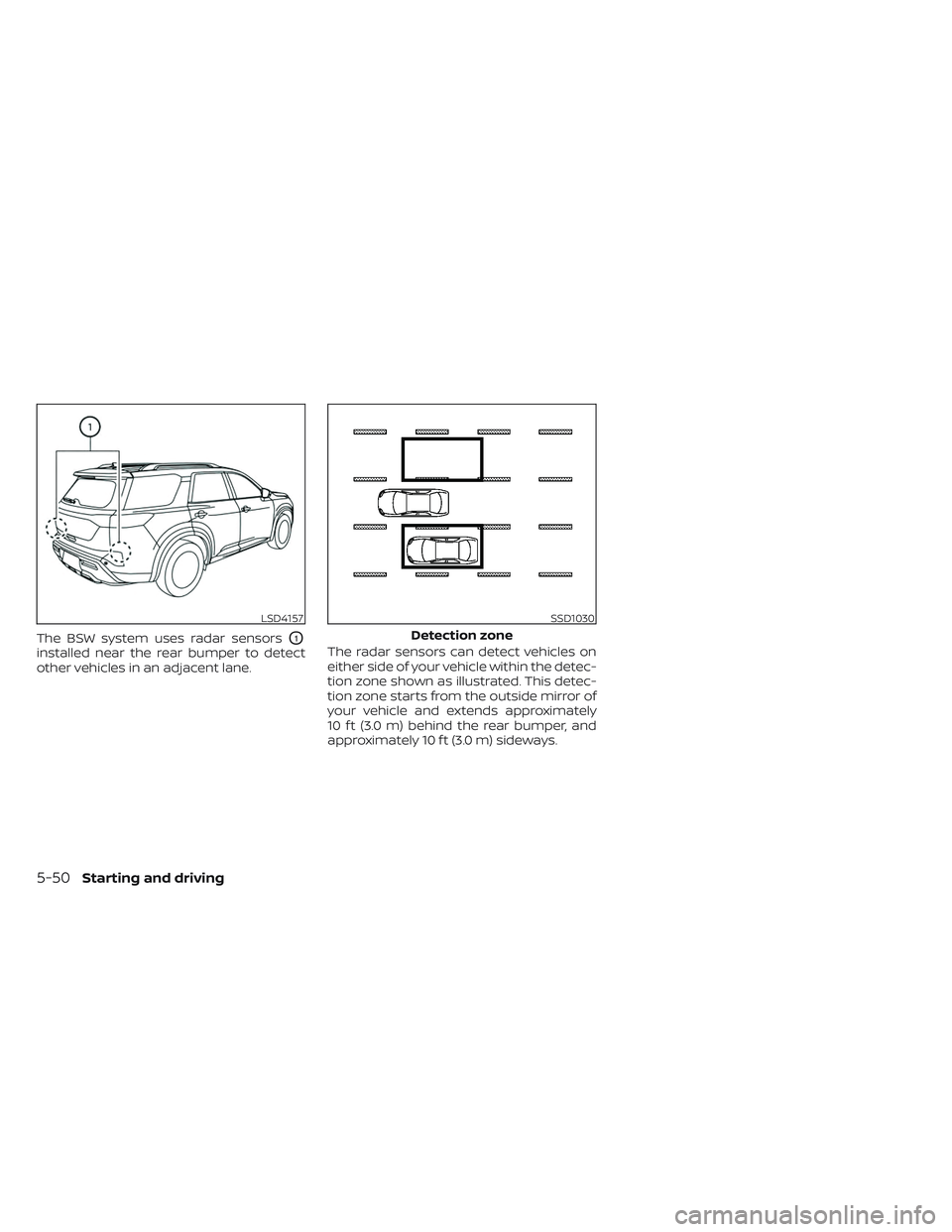 NISSAN PATHFINDER 2022 Owner´s Manual The BSW system uses radar sensorsO1
installed near the rear bumper to detect
other vehicles in an adjacent lane.The radar sensors can detect vehicles on
either side of your vehicle within the detec-
t NISSAN PATHFINDER 2022 Owner´s Manual The BSW system uses radar sensorsO1
installed near the rear bumper to detect
other vehicles in an adjacent lane.The radar sensors can detect vehicles on
either side of your vehicle within the detec-
t