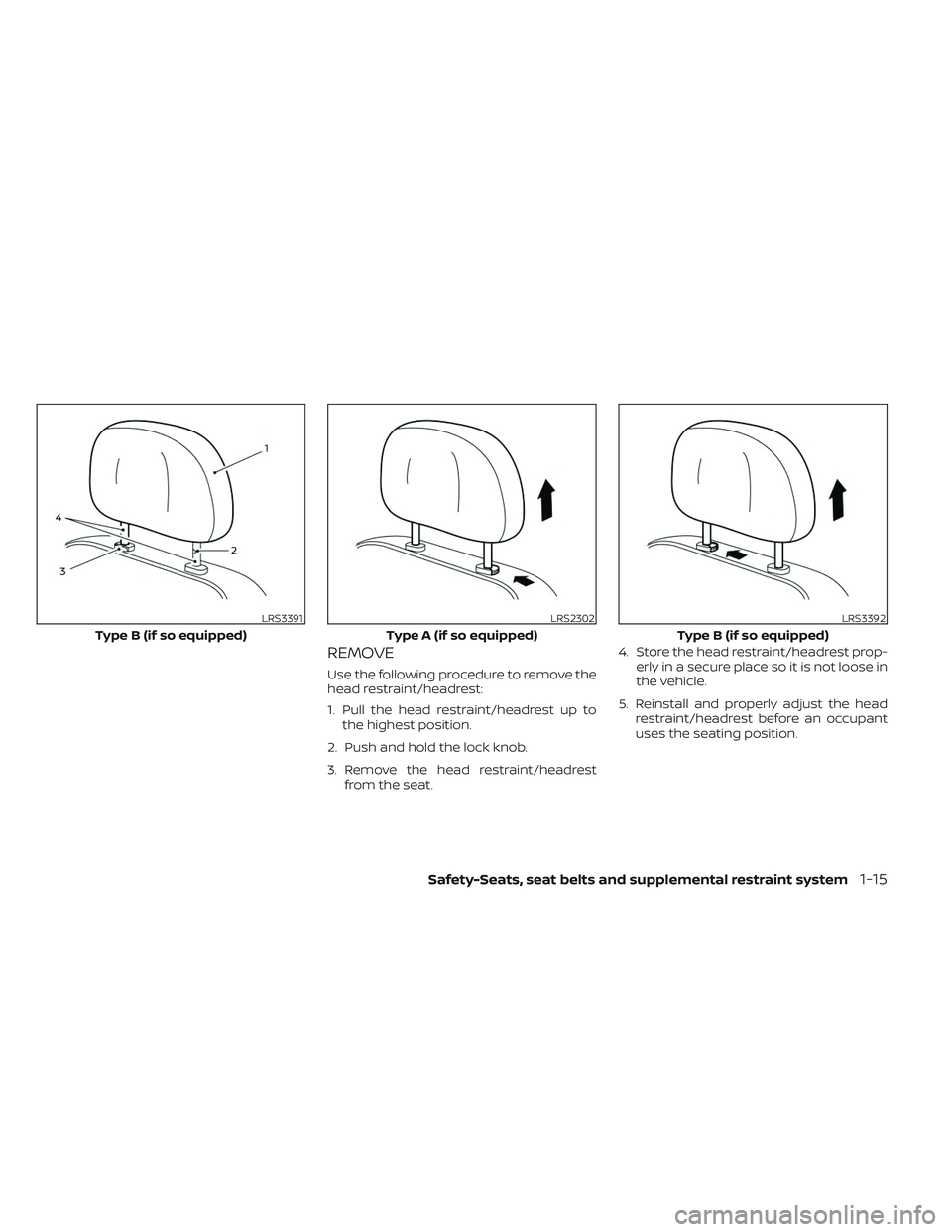 NISSAN PATHFINDER 2022  Owner´s Manual REMOVE
Use the following procedure to remove the
head restraint/headrest:
1. Pull the head restraint/headrest up tothe highest position.
2. Push and hold the lock knob.
3. Remove the head restraint/he
