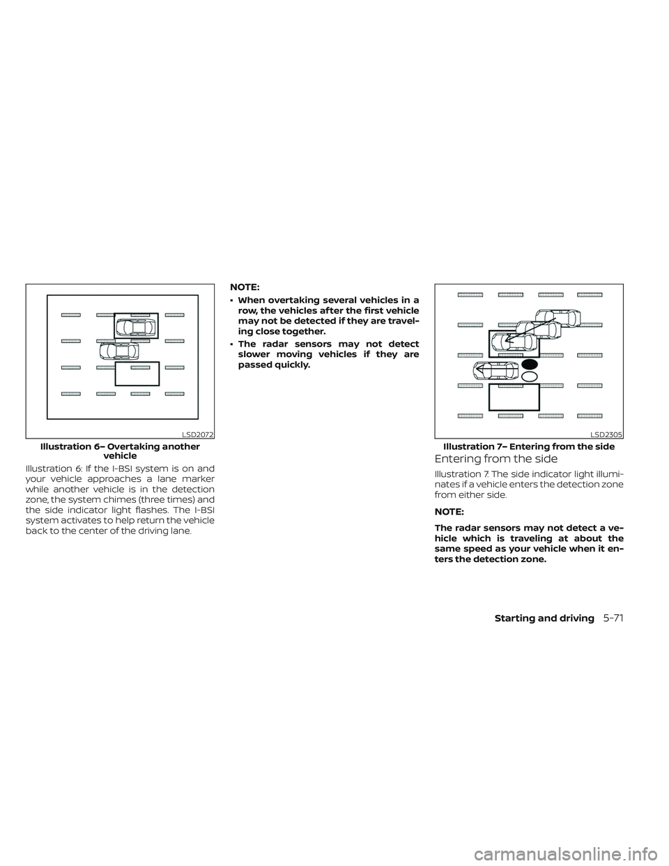 NISSAN PATHFINDER 2022  Owner´s Manual Illustration 6: If the I-BSI system is on and
your vehicle approaches a lane marker
while another vehicle is in the detection
zone, the system chimes (three times) and
the side indicator light flashes