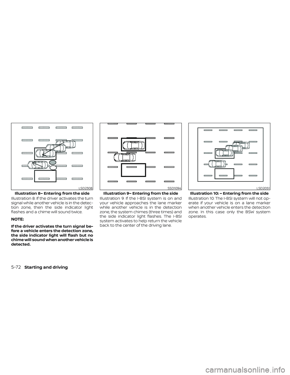 NISSAN PATHFINDER 2022  Owner´s Manual Illustration 8: If the driver activates the turn
signal while another vehicle is in the detec-
tion zone, then the side indicator light
flashes and a chime will sound twice.
NOTE:
If the driver activa