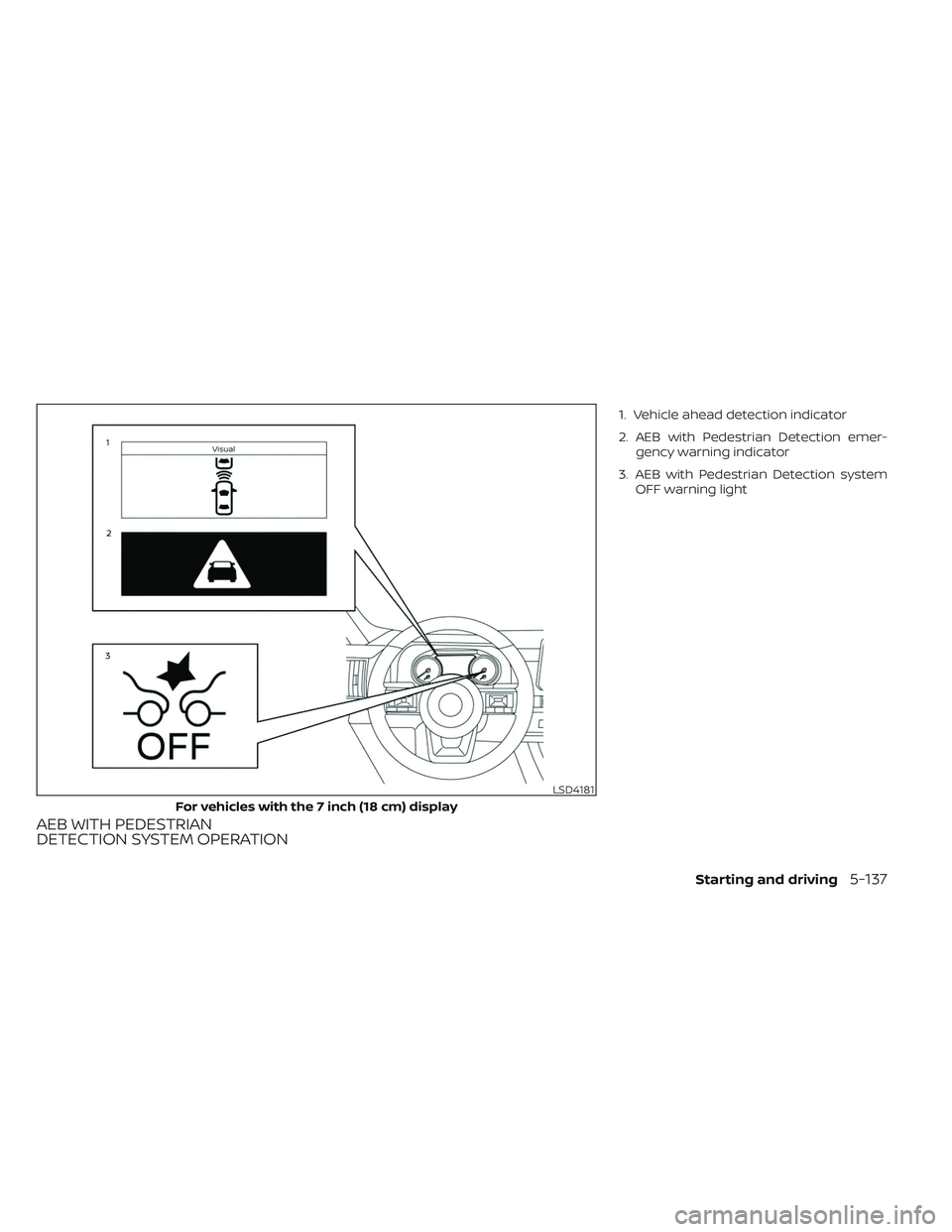 NISSAN PATHFINDER 2022  Owner´s Manual AEB WITH PEDESTRIAN
DETECTION SYSTEM OPERATION
1. Vehicle ahead detection indicator
2. AEB with Pedestrian Detection emer-gency warning indicator
3. AEB with Pedestrian Detection system OFF warning li