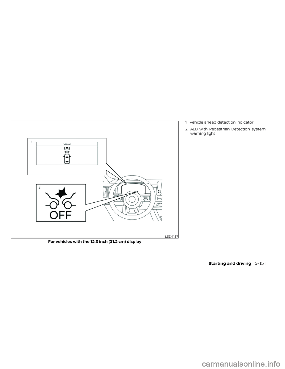 NISSAN PATHFINDER 2022  Owner´s Manual 1. Vehicle ahead detection indicator
2. AEB with Pedestrian Detection systemwarning light
LSD4187
For vehicles with the 12.3 inch (31.2 cm) display
Starting and driving5-151 