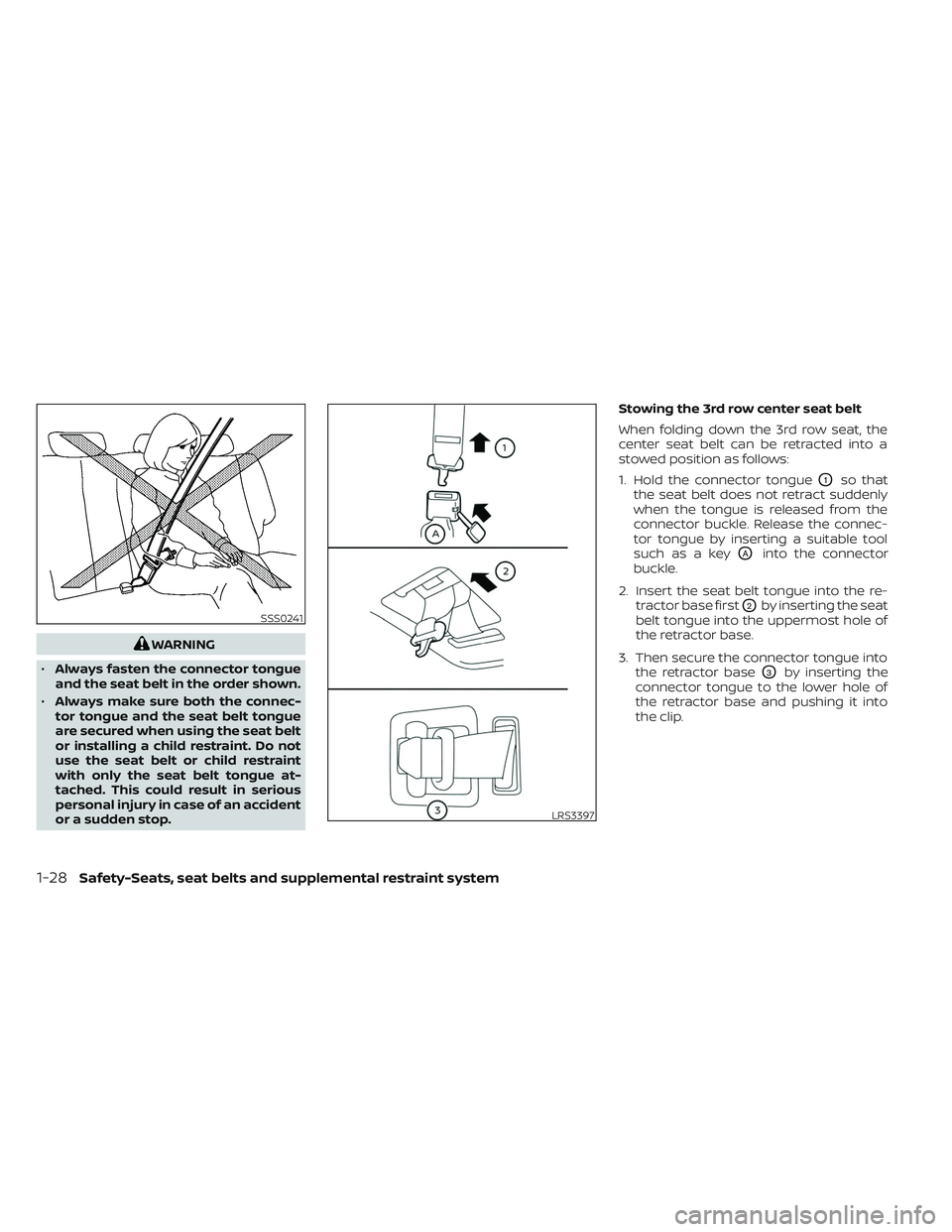 NISSAN PATHFINDER 2022  Owner´s Manual WARNING
• Always fasten the connector tongue
and the seat belt in the order shown.
• Always make sure both the connec-
tor tongue and the seat belt tongue
are secured when using the seat belt
or i