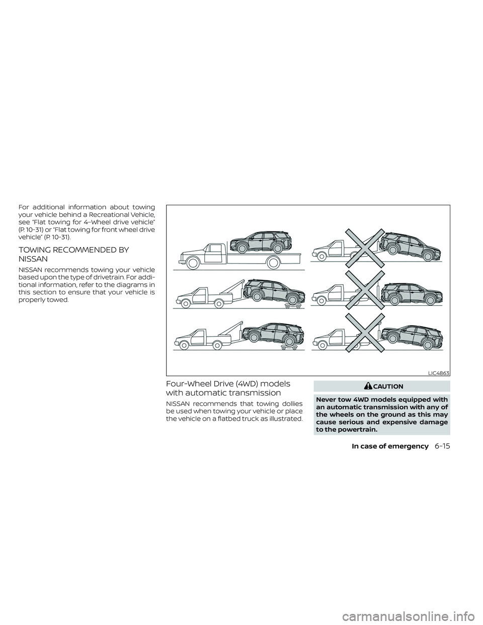 NISSAN PATHFINDER 2022  Owner´s Manual For additional information about towing
your vehicle behind a Recreational Vehicle,
see “Flat towing for 4–Wheel drive vehicle”
(P. 10-31) or “Flat towing for front wheel drive
vehicle” (P. 