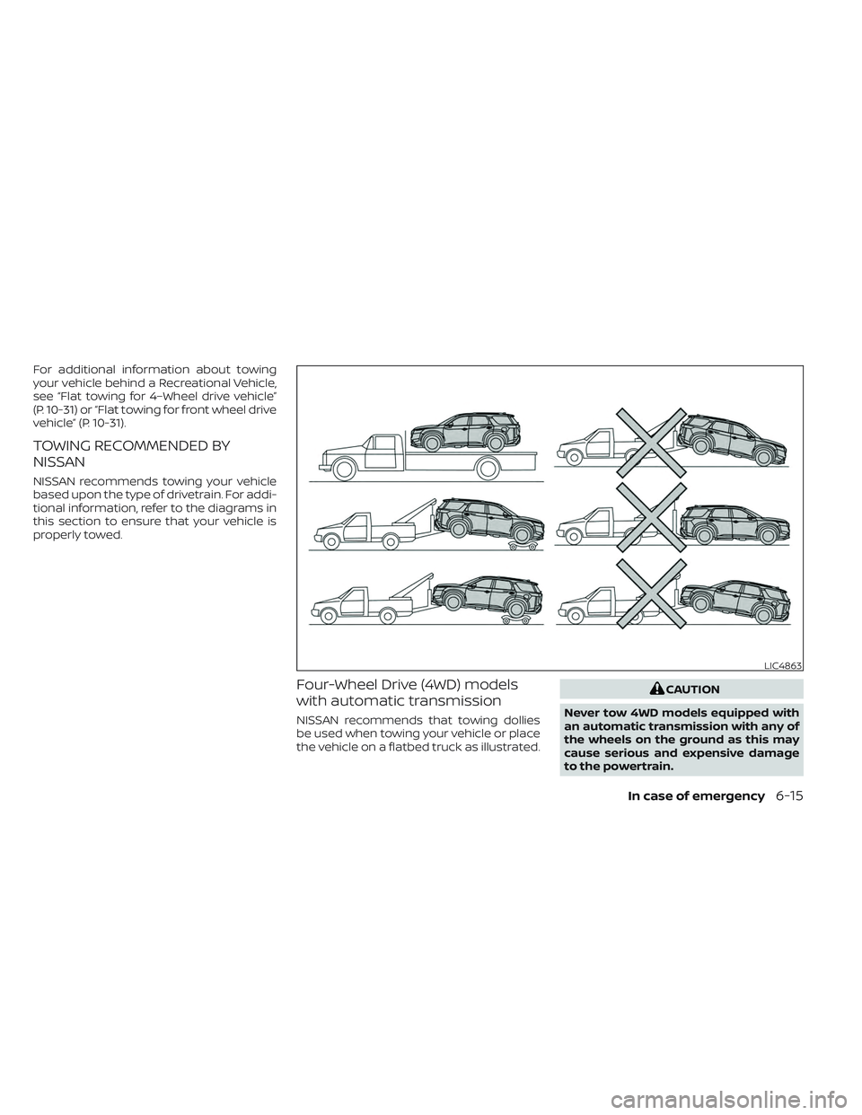 NISSAN PATHFINDER 2022 Owner´s Manual For additional information about towing
your vehicle behind a Recreational Vehicle,
see “Flat towing for 4–Wheel drive vehicle”
(P. 10-31) or “Flat towing for front wheel drive
vehicle” (P. NISSAN PATHFINDER 2022 Owner´s Manual For additional information about towing
your vehicle behind a Recreational Vehicle,
see “Flat towing for 4–Wheel drive vehicle”
(P. 10-31) or “Flat towing for front wheel drive
vehicle” (P.