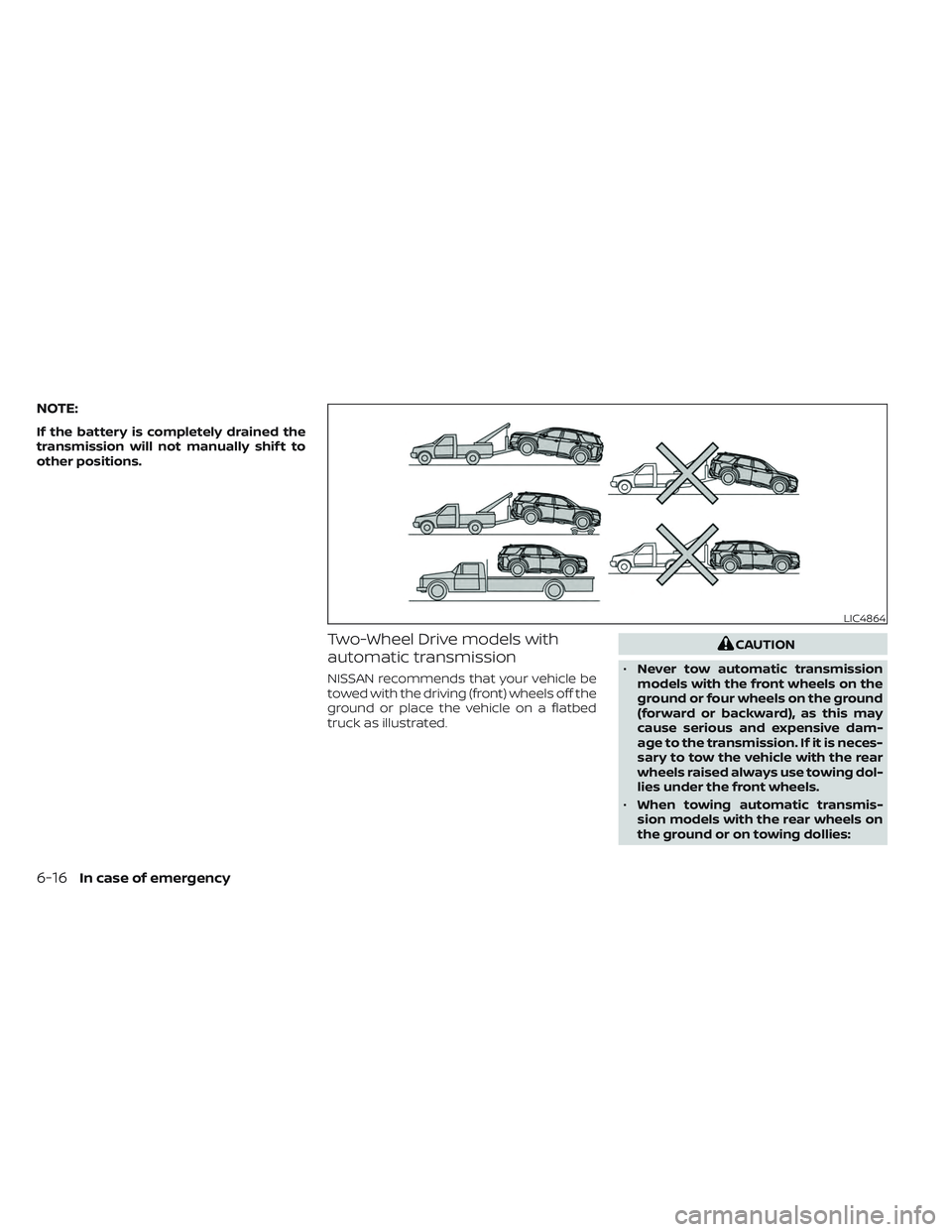 NISSAN PATHFINDER 2022 Owner´s Manual NOTE:
If the battery is completely drained the
transmission will not manually shif t to
other positions.
Two-Wheel Drive models with
automatic transmission
NISSAN recommends that your vehicle be
towed NISSAN PATHFINDER 2022 Owner´s Manual NOTE:
If the battery is completely drained the
transmission will not manually shif t to
other positions.
Two-Wheel Drive models with
automatic transmission
NISSAN recommends that your vehicle be
towed