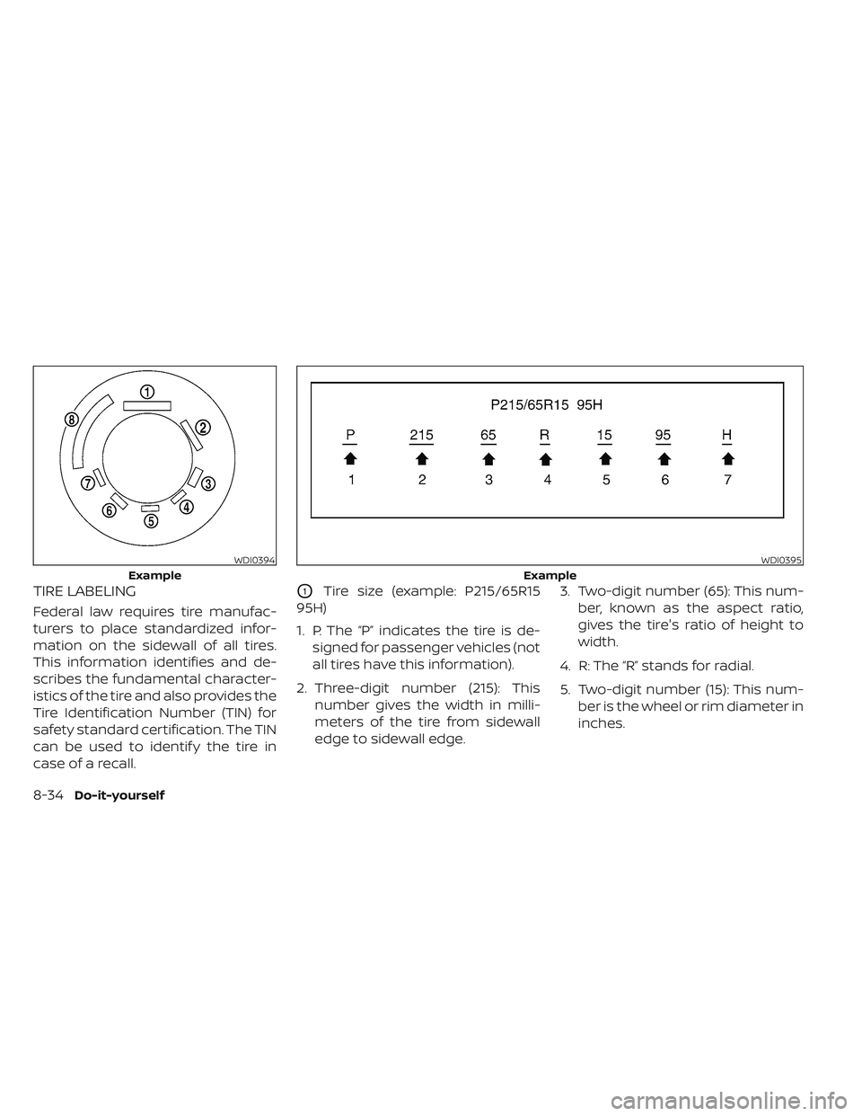 NISSAN PATHFINDER 2022  Owner´s Manual TIRE LABELING
Federal law requires tire manufac-
turers to place standardized infor-
mation on the sidewall of all tires.
This information identifies and de-
scribes the fundamental character-
istics 