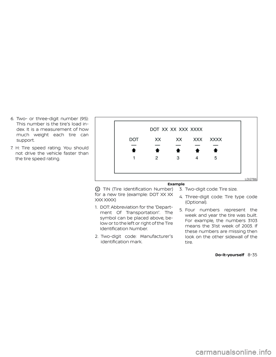 NISSAN PATHFINDER 2022  Owner´s Manual 6. Two- or three-digit number (95):This number is the tire's load in-
dex. It is a measurement of how
much weight each tire can
support.
7. H: Tire speed rating. You should not drive the vehicle f