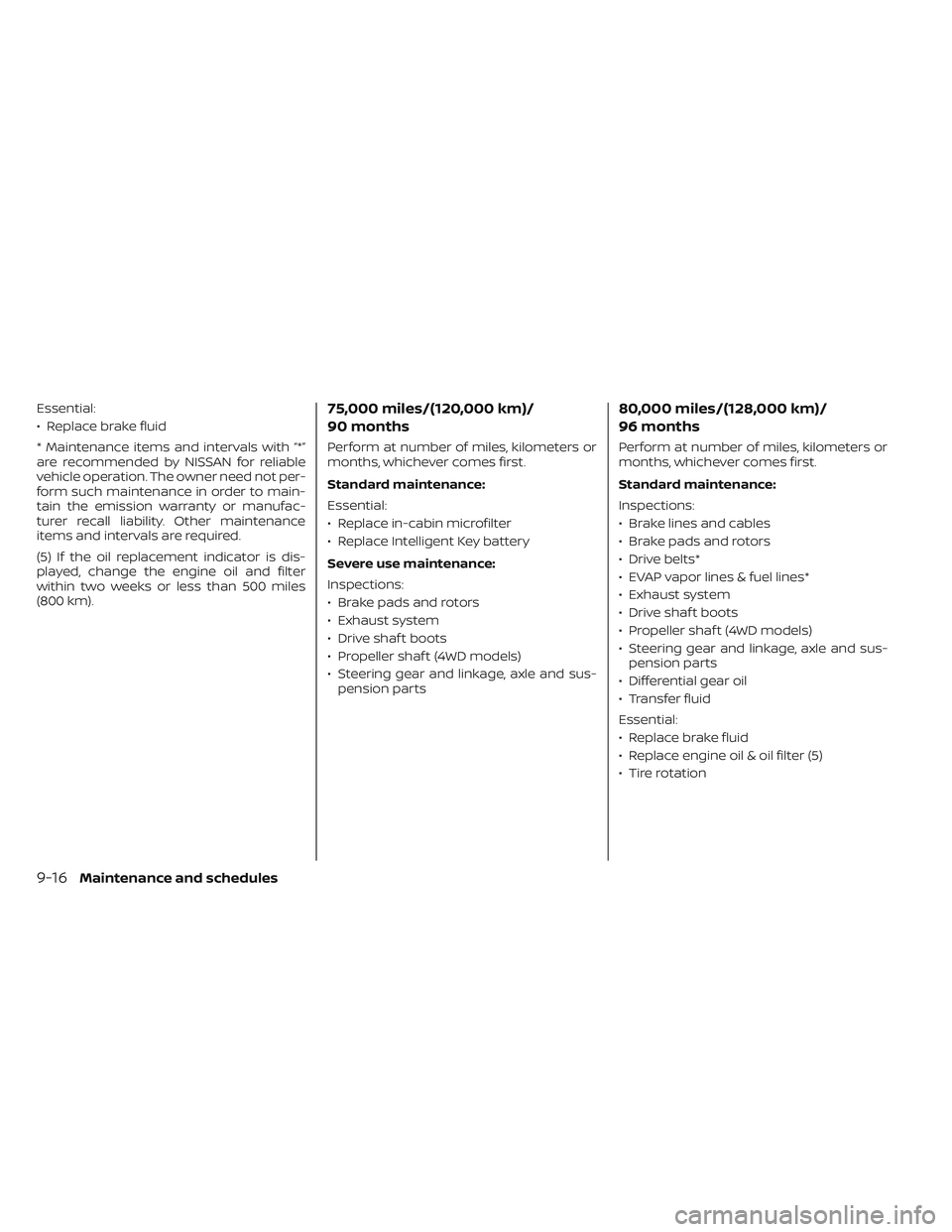NISSAN PATHFINDER 2022  Owner´s Manual Essential:
• Replace brake fluid
* Maintenance items and intervals with “*”
are recommended by NISSAN for reliable
vehicle operation. The owner need not per-
form such maintenance in order to ma
