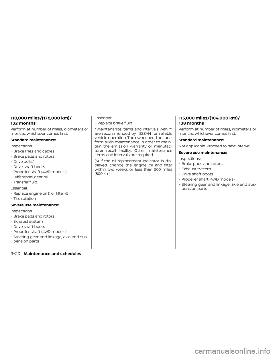 NISSAN PATHFINDER 2022  Owner´s Manual 110,000 miles/(176,000 km)/
132 months
Perform at number of miles, kilometers or
months, whichever comes first.
Standard maintenance:
Inspections:
• Brake lines and cables
• Brake pads and rotors
