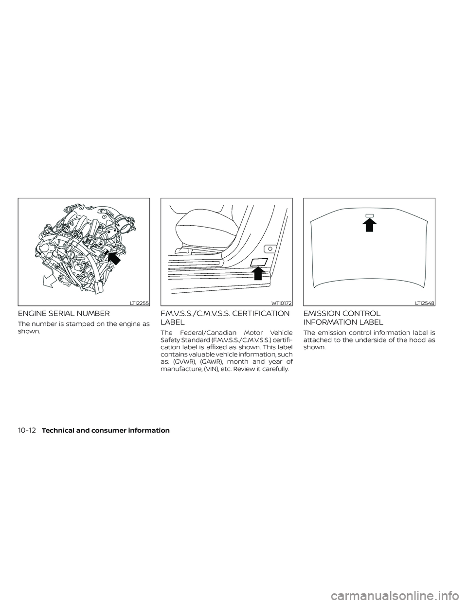 NISSAN PATHFINDER 2022 Owner´s Manual ENGINE SERIAL NUMBER
The number is stamped on the engine as
shown.
F.M.V.S.S./C.M.V.S.S. CERTIFICATION
LABEL
The Federal/Canadian Motor Vehicle
Safety Standard (F.M.V.S.S./C.M.V.S.S.) certifi-
cation NISSAN PATHFINDER 2022 Owner´s Manual ENGINE SERIAL NUMBER
The number is stamped on the engine as
shown.
F.M.V.S.S./C.M.V.S.S. CERTIFICATION
LABEL
The Federal/Canadian Motor Vehicle
Safety Standard (F.M.V.S.S./C.M.V.S.S.) certifi-
cation