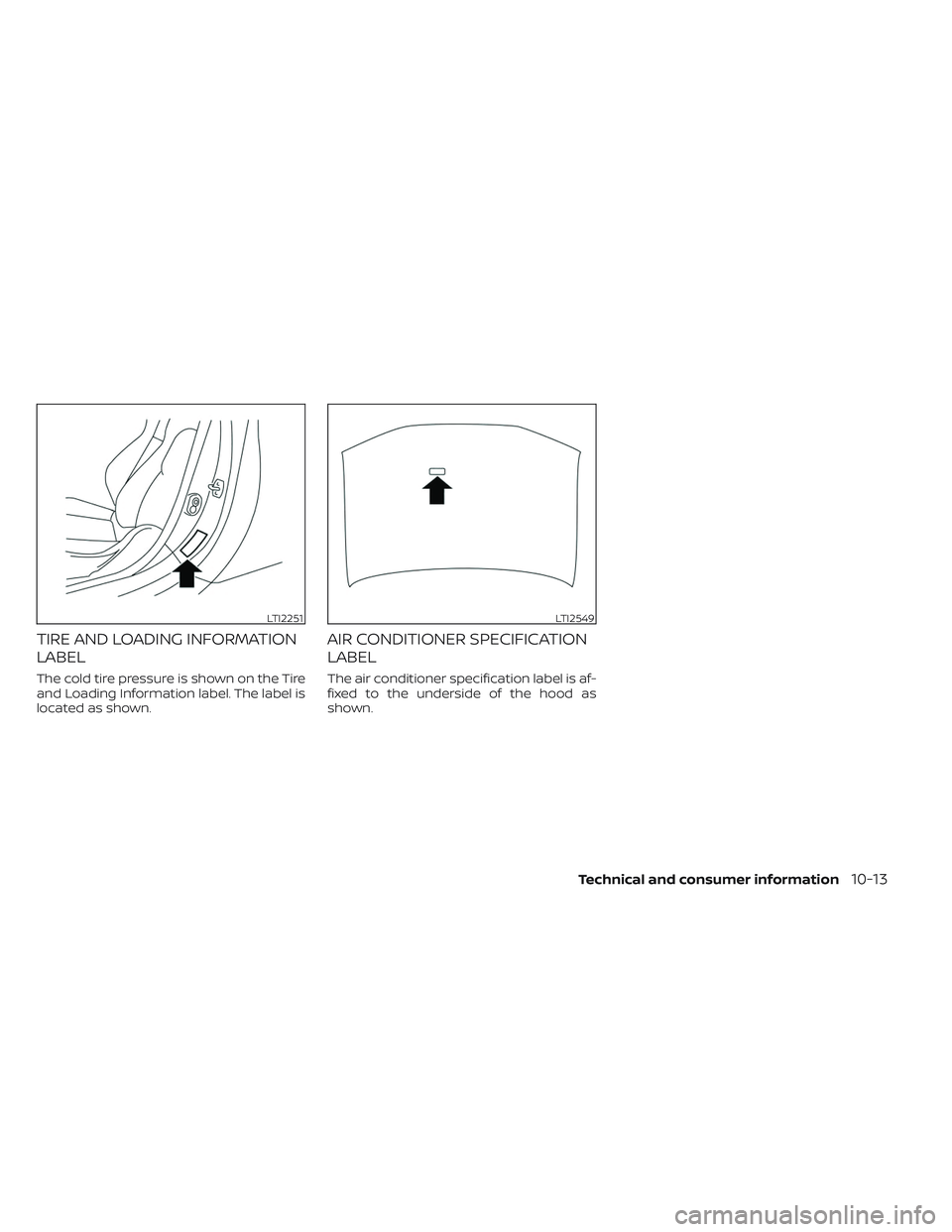 NISSAN PATHFINDER 2022 Owner´s Manual TIRE AND LOADING INFORMATION
LABEL
The cold tire pressure is shown on the Tire
and Loading Information label. The label is
located as shown.
AIR CONDITIONER SPECIFICATION
LABEL
The air conditioner spe NISSAN PATHFINDER 2022 Owner´s Manual TIRE AND LOADING INFORMATION
LABEL
The cold tire pressure is shown on the Tire
and Loading Information label. The label is
located as shown.
AIR CONDITIONER SPECIFICATION
LABEL
The air conditioner spe