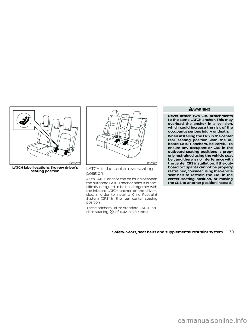 NISSAN PATHFINDER 2022  Owner´s Manual LATCH in the center rear seating
position
A 5th LATCH anchor can be found between
the outboard LATCH anchor pairs. It is spe-
cifically designed to be used together with
the inboard LATCH anchor on th