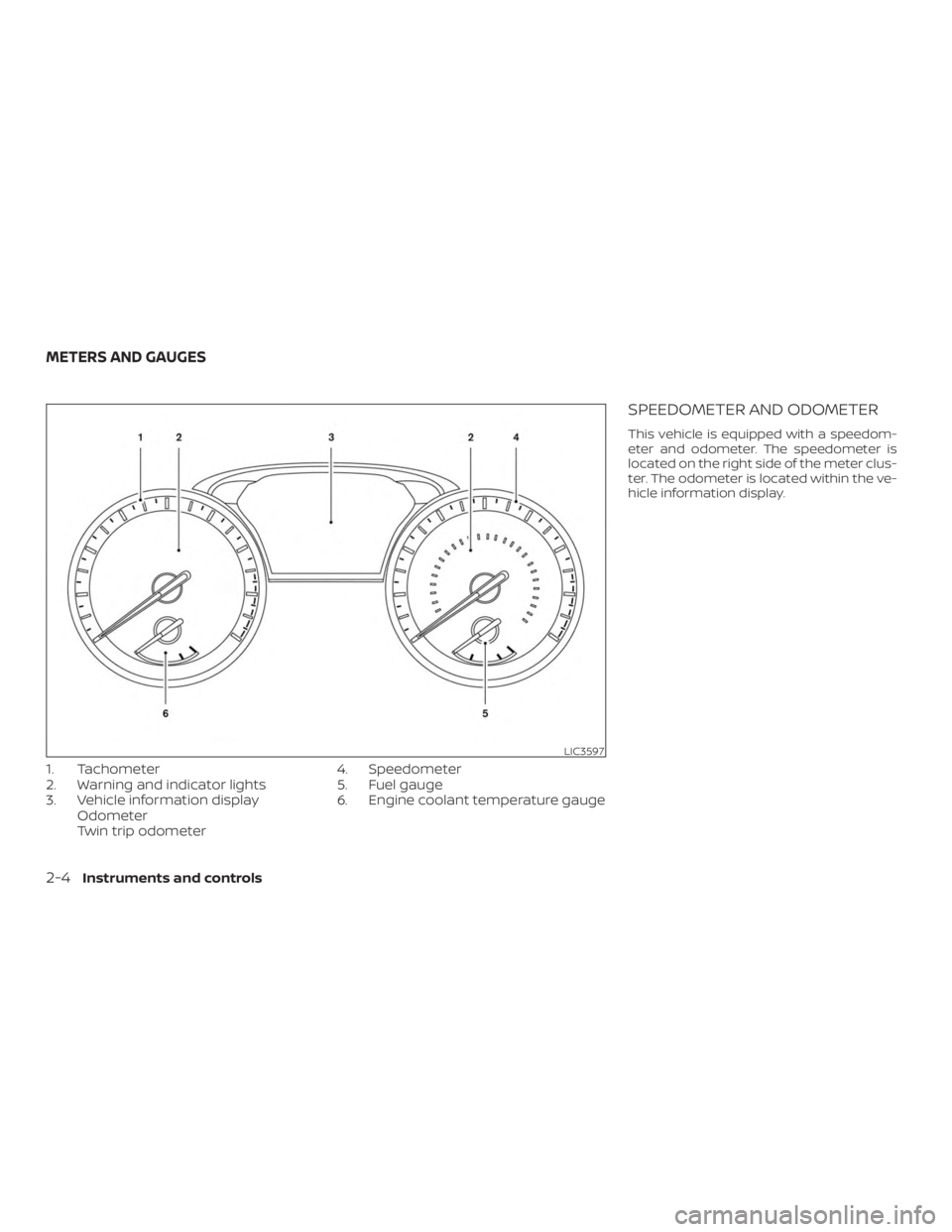 NISSAN PATHFINDER 2020  Owner´s Manual 1. Tachometer
2. Warning and indicator lights
3. Vehicle information displayOdometer
Twin trip odometer 4. Speedometer
5. Fuel gauge
6. Engine coolant temperature gauge
SPEEDOMETER AND ODOMETER
This v