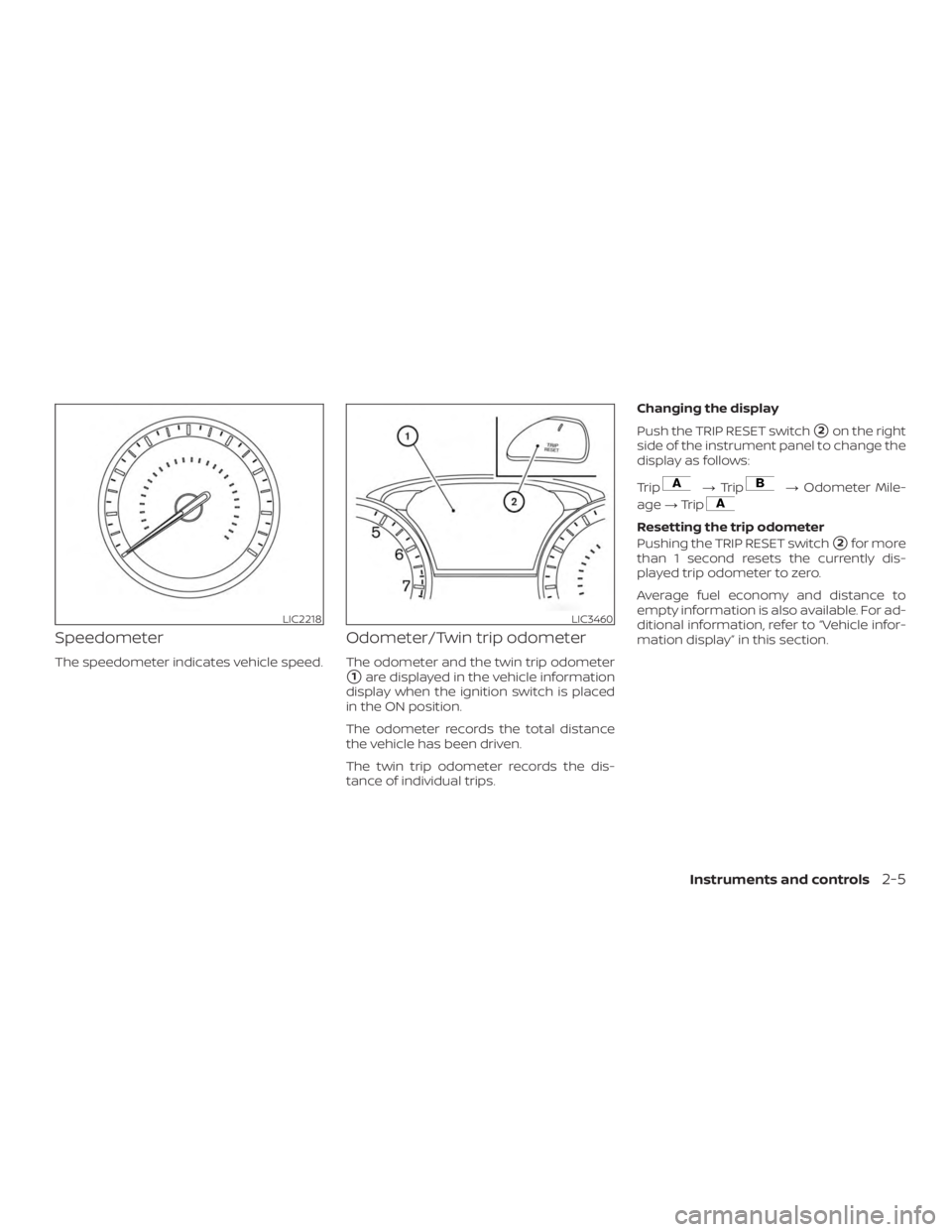 NISSAN PATHFINDER 2020  Owner´s Manual Speedometer
The speedometer indicates vehicle speed.
Odometer/Twin trip odometer
The odometer and the twin trip odometer
1are displayed in the vehicle information
display when the ignition switch is 