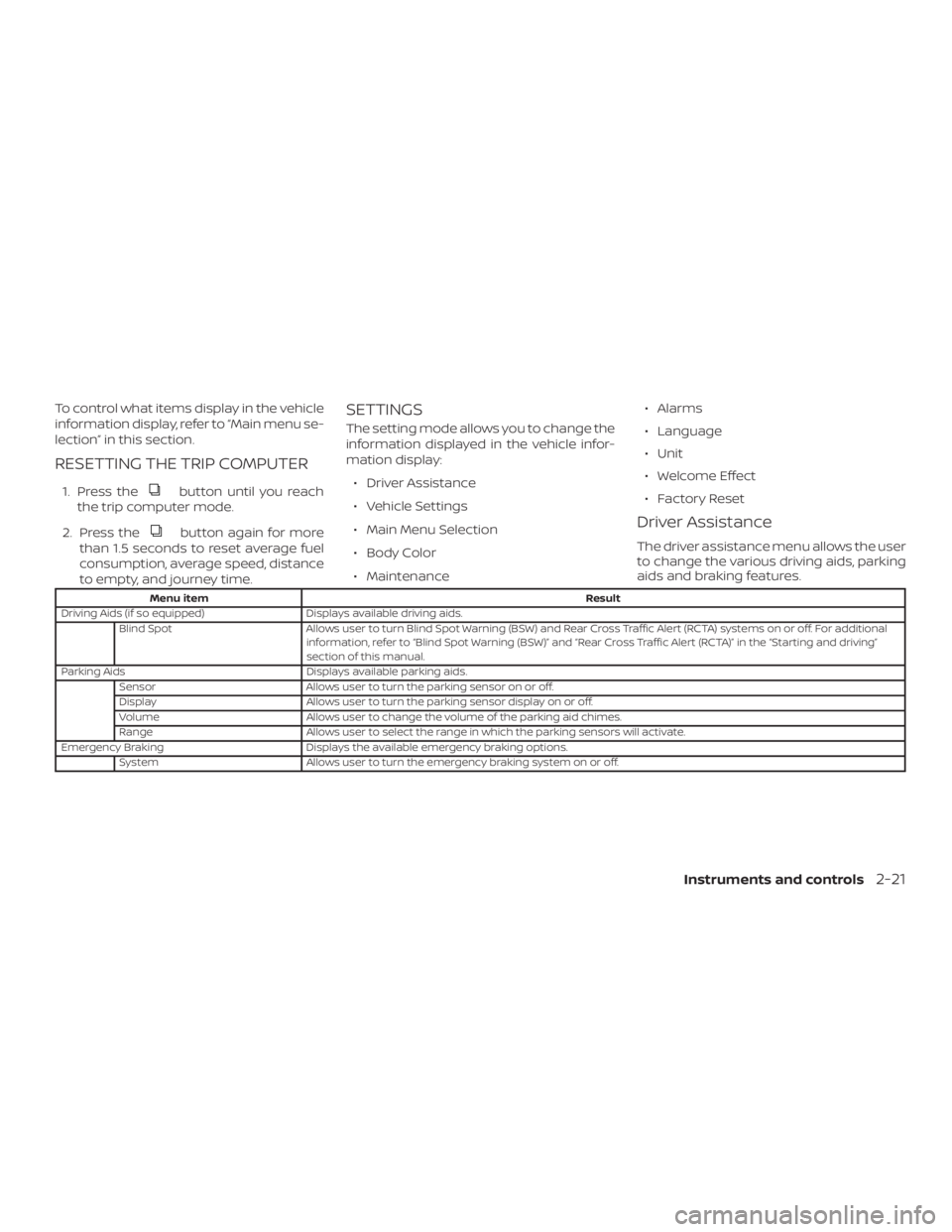 NISSAN PATHFINDER 2020  Owner´s Manual To control what items display in the vehicle
information display, refer to “Main menu se-
lection” in this section.
RESETTING THE TRIP COMPUTER
1. Press thebutton until you reach
the trip computer