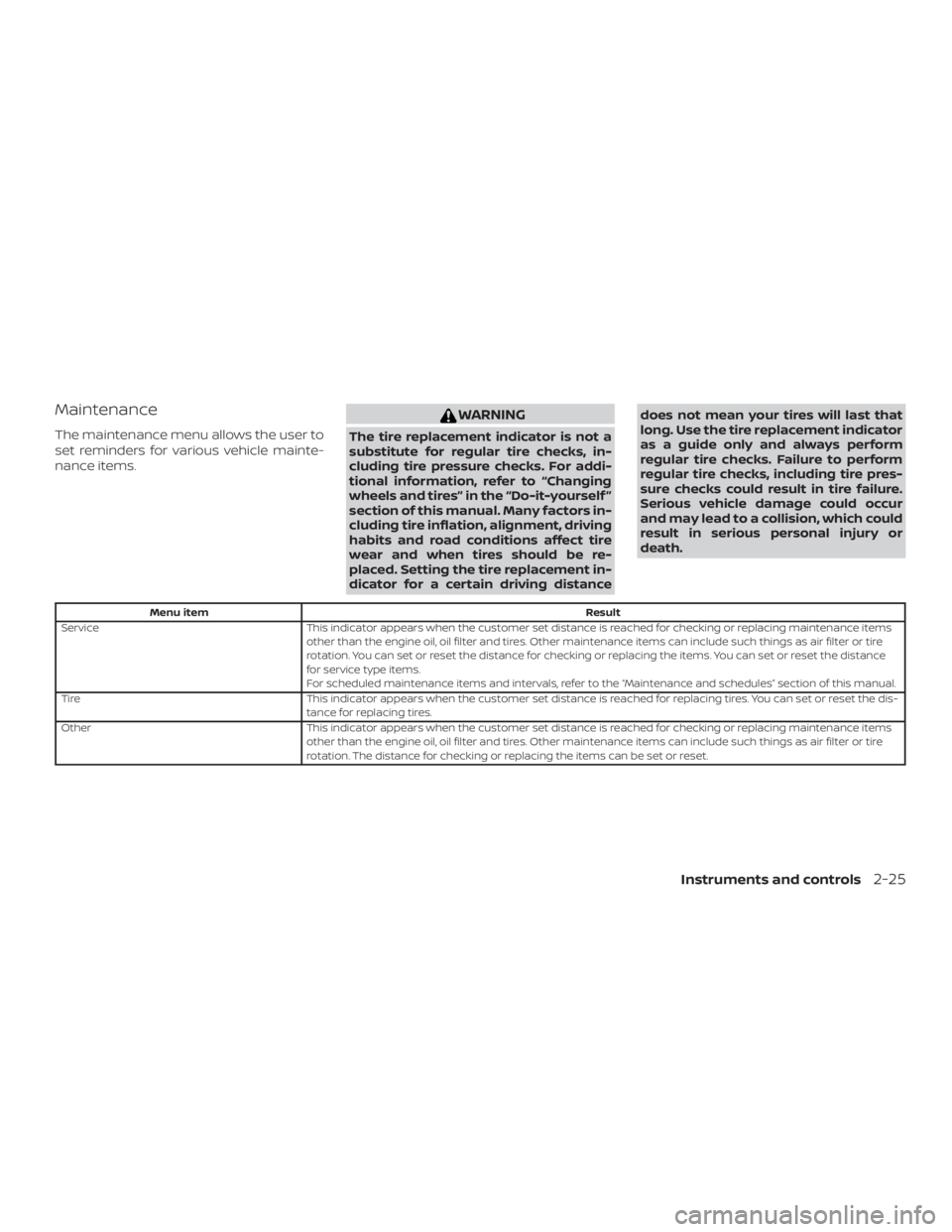 NISSAN PATHFINDER 2020  Owner´s Manual Maintenance
The maintenance menu allows the user to
set reminders for various vehicle mainte-
nance items.
WARNING
The tire replacement indicator is not a
substitute for regular tire checks, in-
cludi