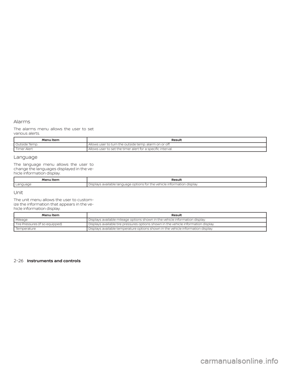 NISSAN PATHFINDER 2020  Owner´s Manual Alarms
The alarms menu allows the user to set
various alerts.
Menu itemResult
Outside Temp. Allows user to turn the outside temp. alarm on or off.
Timer Alert Allows user to set the timer alert for a 