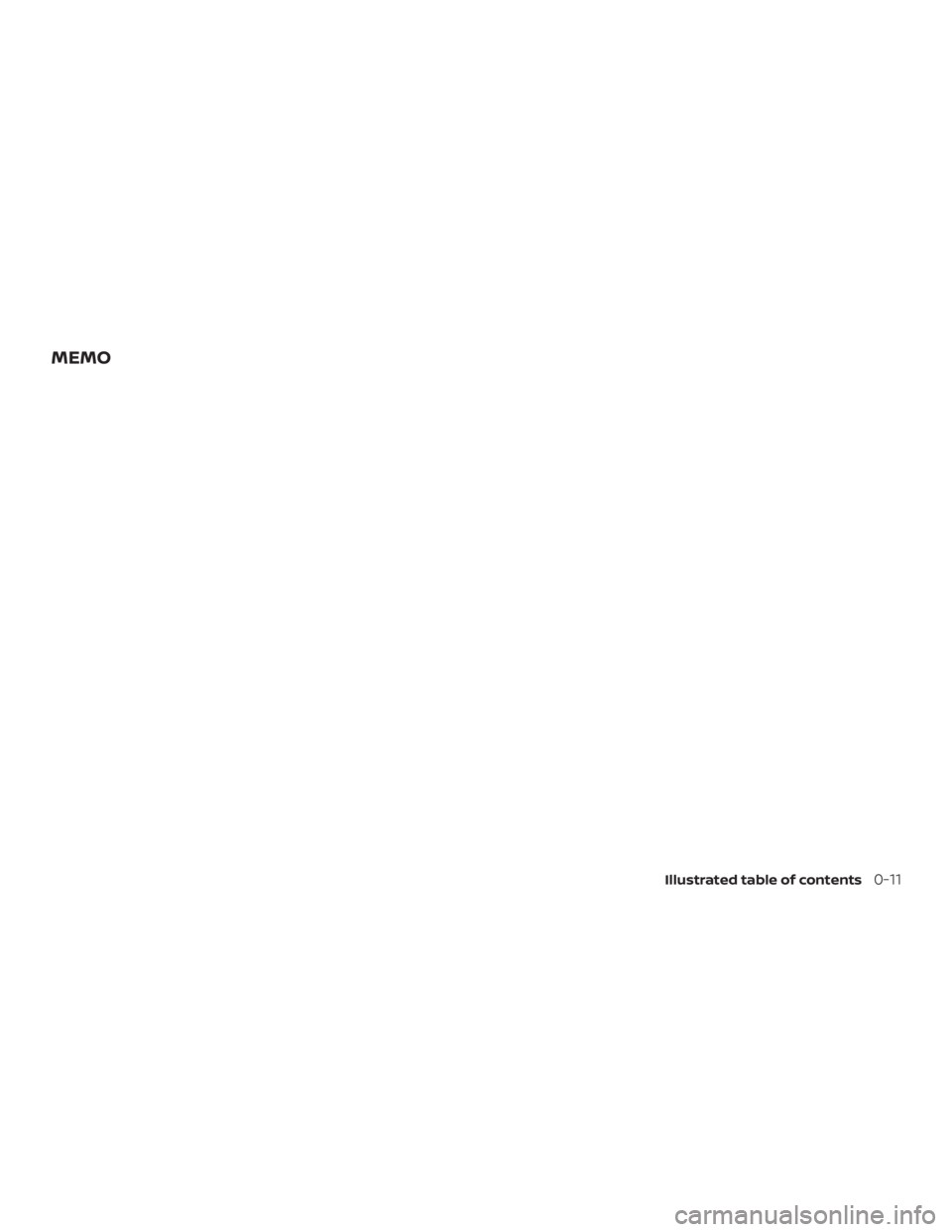 NISSAN PATHFINDER 2020 Owner´s Manual MEMO
Illustrated table of contents0-11 NISSAN PATHFINDER 2020 Owner´s Manual MEMO
Illustrated table of contents0-11