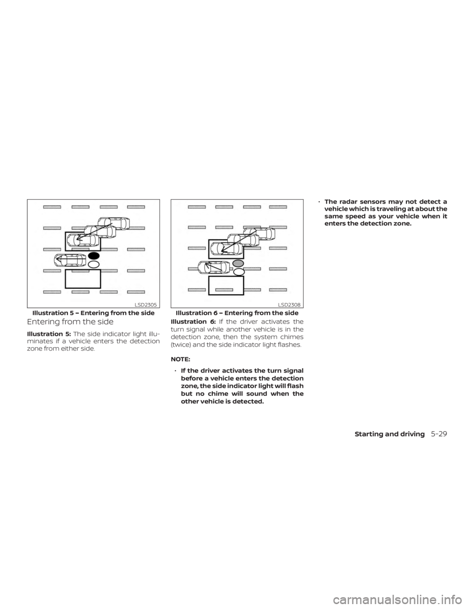 NISSAN PATHFINDER 2020 Owner´s Manual Entering from the side
Illustration 5:The side indicator light illu-
minates if a vehicle enters the detection
zone from either side. Illustration 6:
If the driver activates the
turn signal while anot NISSAN PATHFINDER 2020 Owner´s Manual Entering from the side
Illustration 5:The side indicator light illu-
minates if a vehicle enters the detection
zone from either side. Illustration 6:
If the driver activates the
turn signal while anot