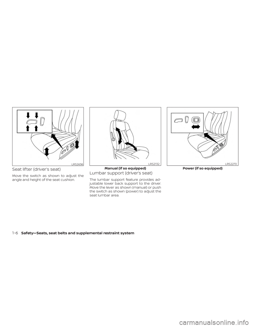 NISSAN PATHFINDER 2020  Owner´s Manual Seat lif ter (driver’s seat)
Move the switch as shown to adjust the
angle and height of the seat cushion.Lumbar support (driver’s seat)
The lumbar support feature provides ad-
justable lower back 