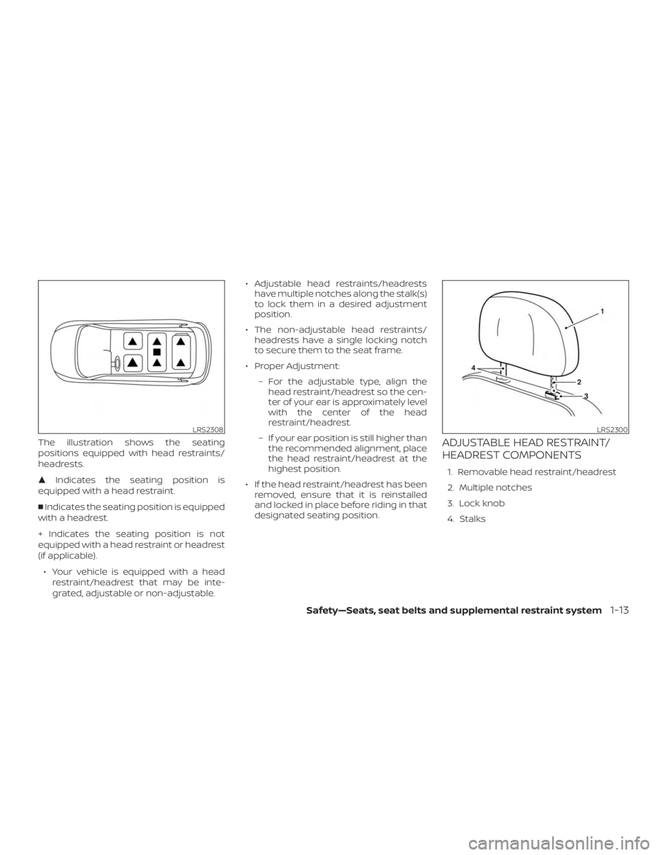 NISSAN PATHFINDER 2020  Owner´s Manual The illustration shows the seating
positions equipped with head restraints/
headrests.
Indicates the seating position is
equipped with a head restraint.
 Indicates the seating position is equipped
w