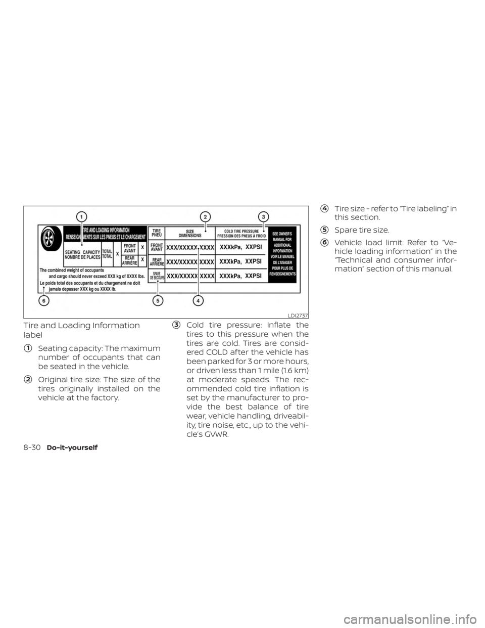 NISSAN PATHFINDER 2020  Owner´s Manual Tire and Loading Information
label
1Seating capacity: The maximum
number of occupants that can
be seated in the vehicle.
2Original tire size: The size of the
tires originally installed on the
vehicl