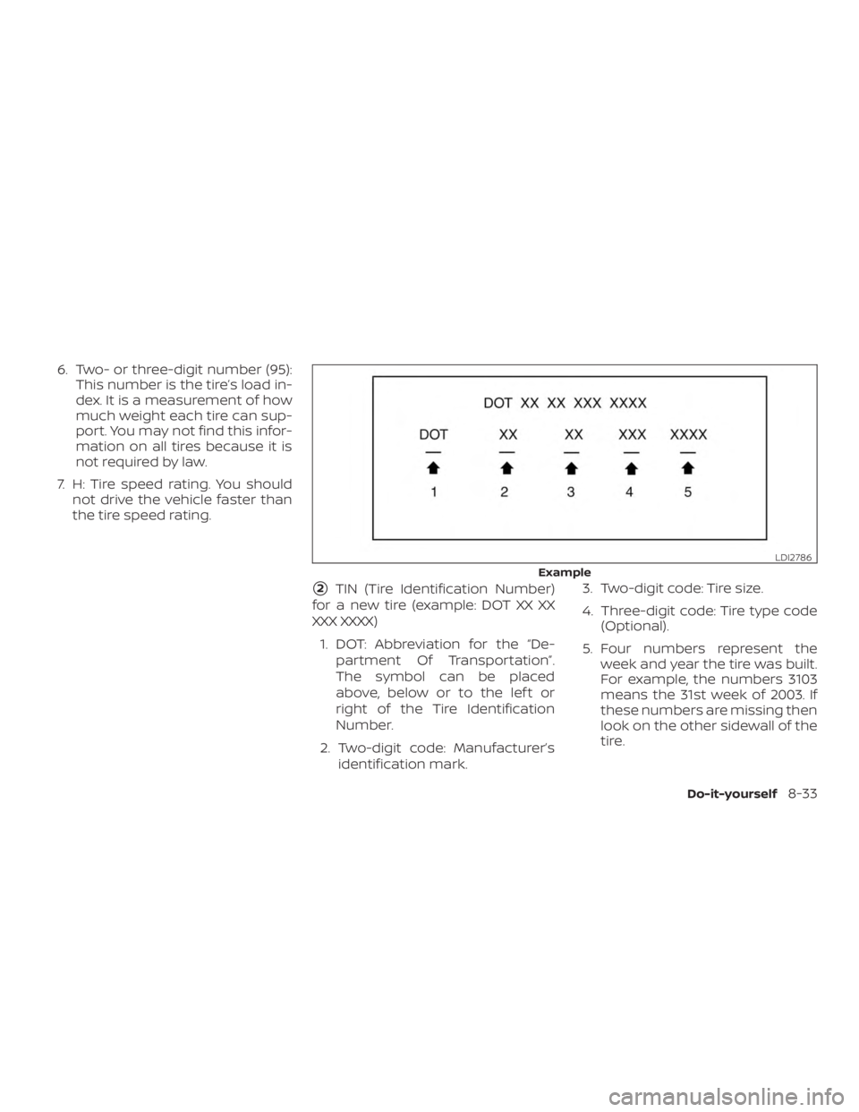 NISSAN PATHFINDER 2020  Owner´s Manual 6. Two- or three-digit number (95):This number is the tire’s load in-
dex. It is a measurement of how
much weight each tire can sup-
port. You may not find this infor-
mation on all tires because it