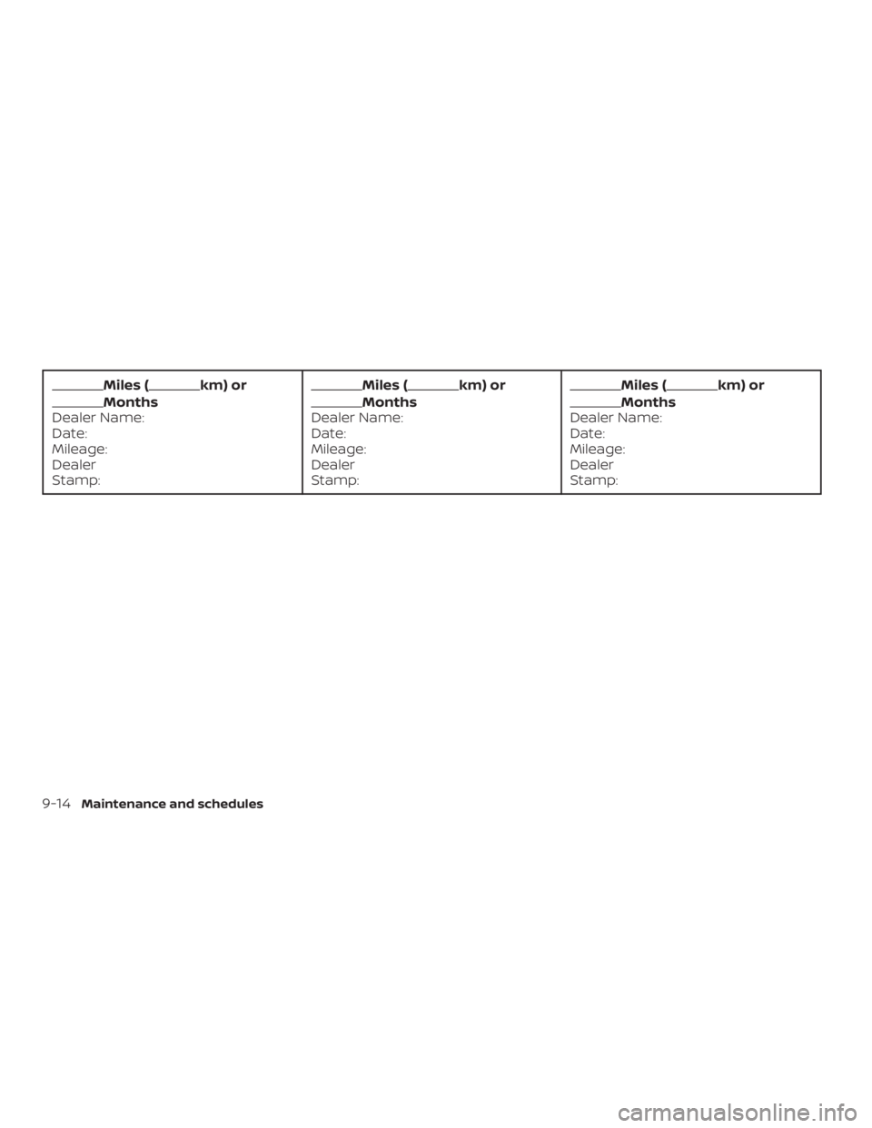 NISSAN PATHFINDER 2020  Owner´s Manual Miles (km) or
Months
Dealer Name:
Date:
Mileage:
Dealer
Stamp:
Miles (km) or
Months
Dealer Name:
Date:
Mileage:
Dealer
Stamp:
Miles (km) or
Months
Dealer Name:
Date:
Mileage:
Dealer
Stamp:
9-14
Mainte