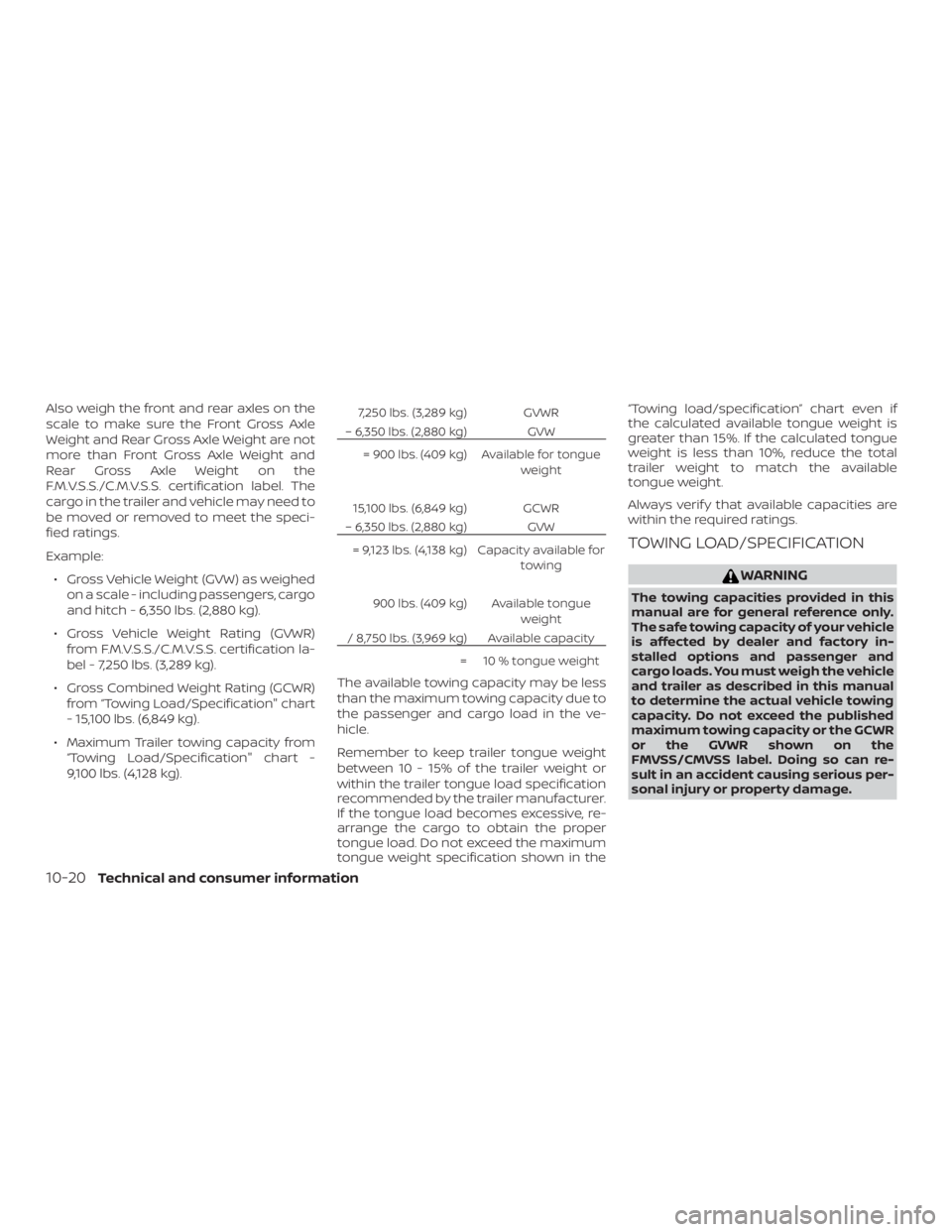 NISSAN PATHFINDER 2020  Owner´s Manual Also weigh the front and rear axles on the
scale to make sure the Front Gross Axle
Weight and Rear Gross Axle Weight are not
more than Front Gross Axle Weight and
Rear Gross Axle Weight on the
F.M.V.S