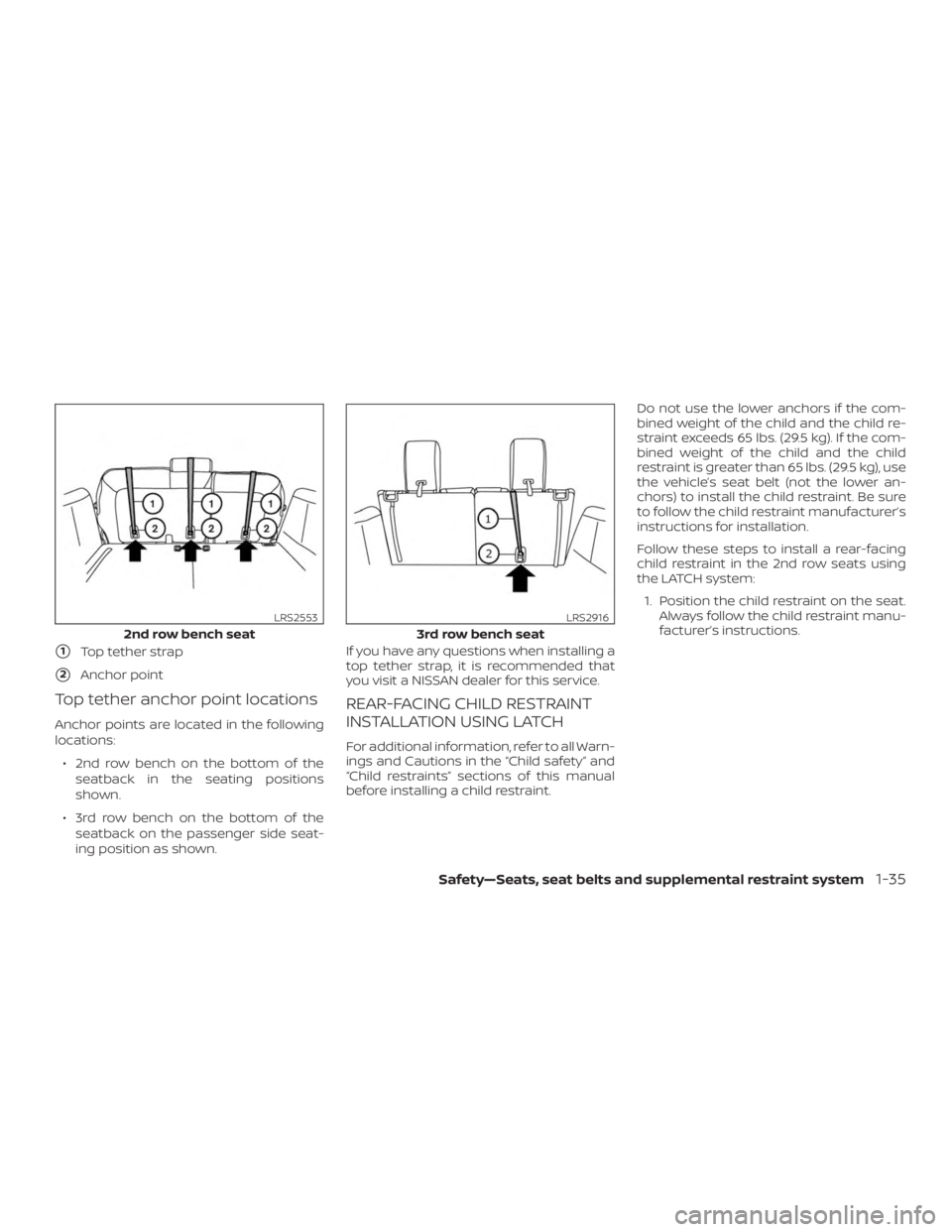 NISSAN PATHFINDER 2020  Owner´s Manual 1Top tether strap
2Anchor point
Top tether anchor point locations
Anchor points are located in the following
locations:∙ 2nd row bench on the bottom of the seatback in the seating positions
shown.