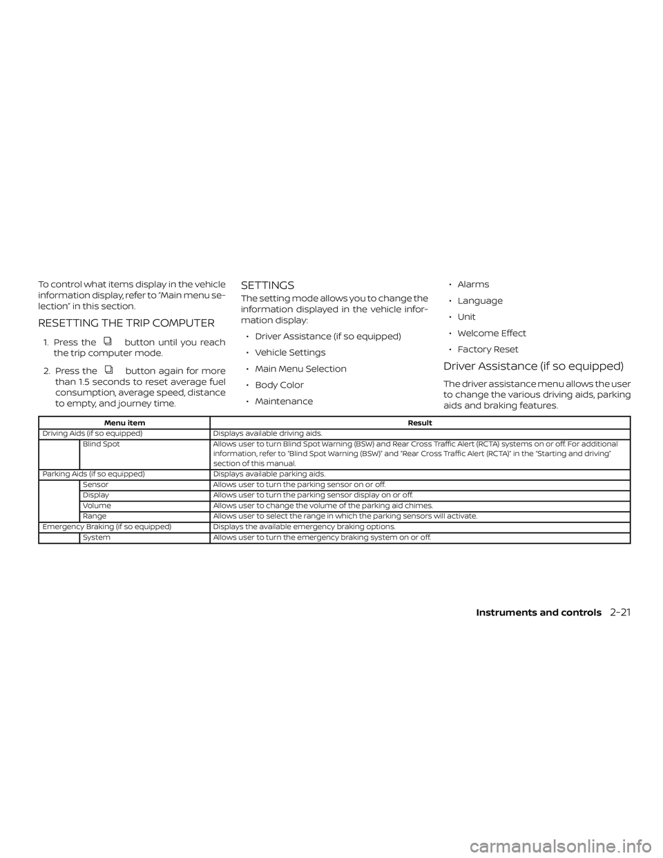 NISSAN PATHFINDER 2019 Owner´s Manual To control what items display in the vehicle
information display, refer to “Main menu se-
lection” in this section.
RESETTING THE TRIP COMPUTER
1. Press thebutton until you reach
the trip computer NISSAN PATHFINDER 2019 Owner´s Manual To control what items display in the vehicle
information display, refer to “Main menu se-
lection” in this section.
RESETTING THE TRIP COMPUTER
1. Press thebutton until you reach
the trip computer