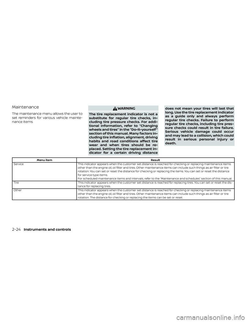 NISSAN PATHFINDER 2019  Owner´s Manual Maintenance
The maintenance menu allows the user to
set reminders for various vehicle mainte-
nance items.
WARNING
The tire replacement indicator is not a
substitute for regular tire checks, in-
cludi